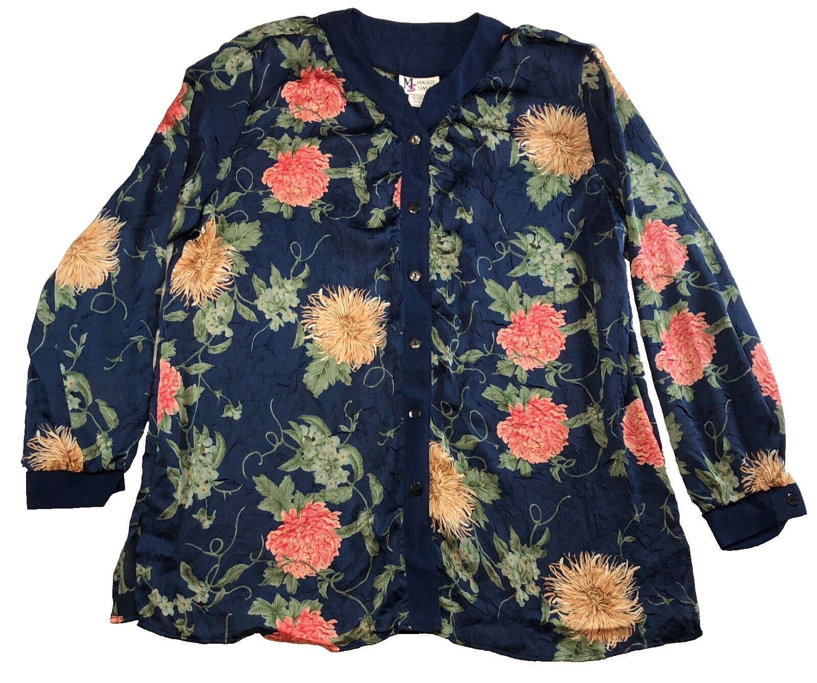 Maggie Sweet Womens Tunic Blouse Sz L Navy Floral Button-Up Shoulder Pads NWOT