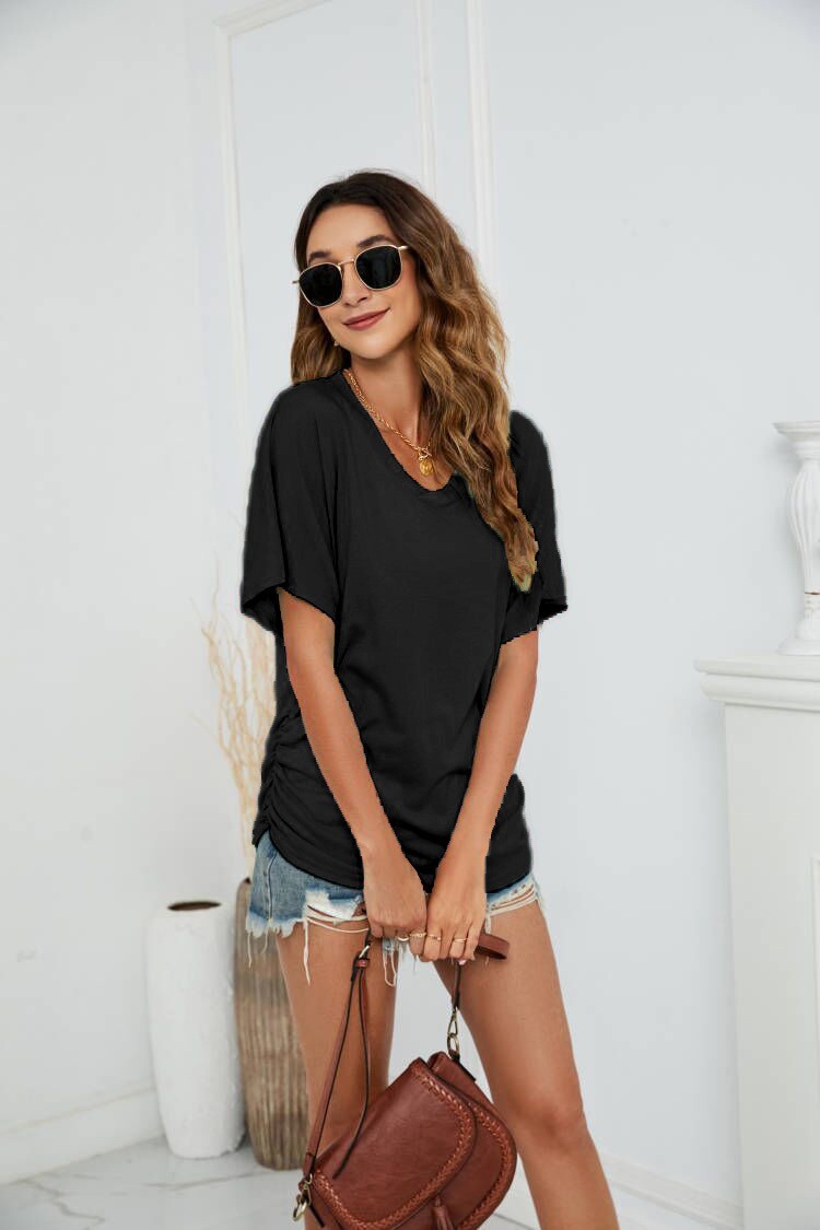 Women’s Solid V-Neck Short Sleeve T-Shirt Loose Cotton Blend Summer Tee Blouse