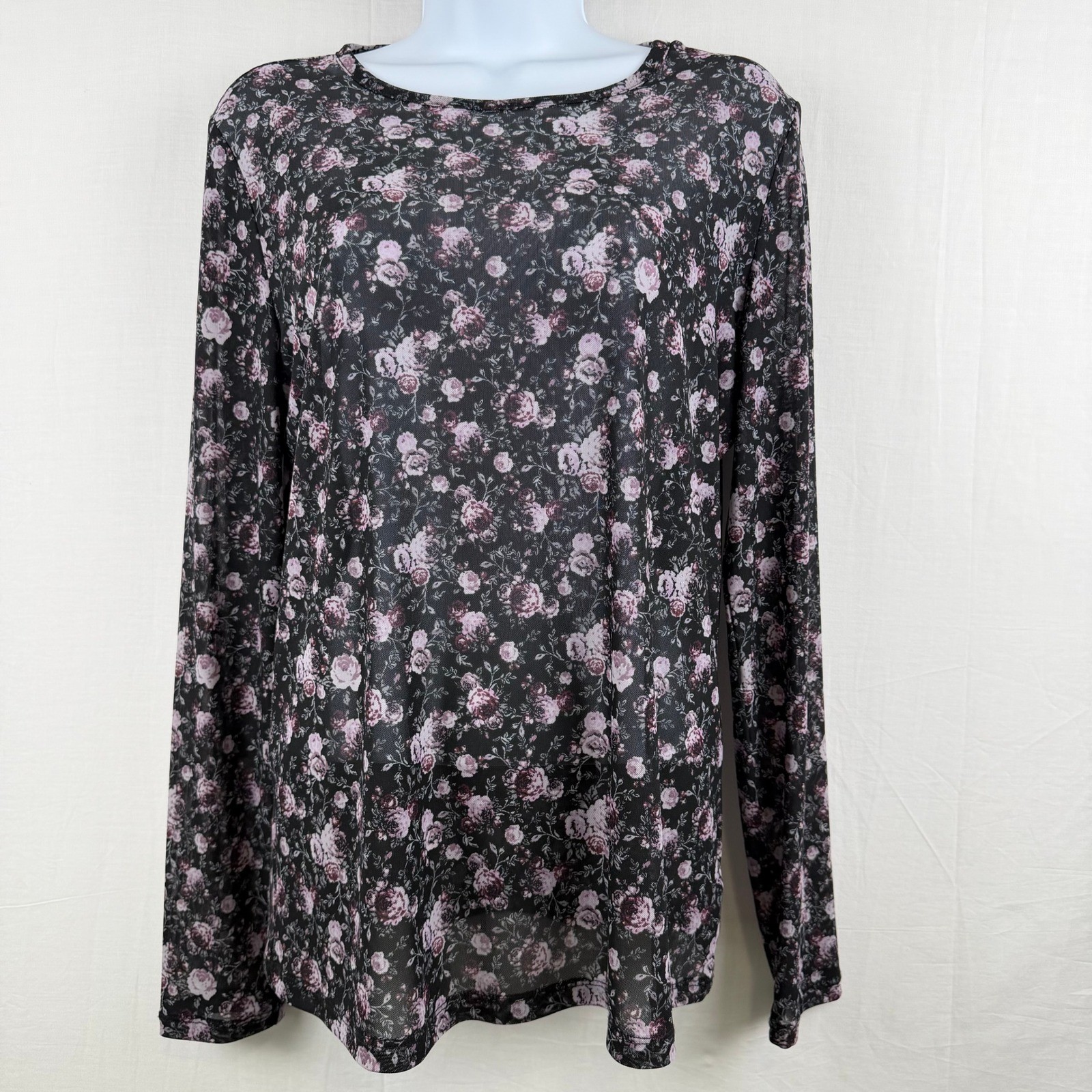 Torrid Womens Mesh Long Sleeve Floral Print Top Black Purple Size 00 M/L