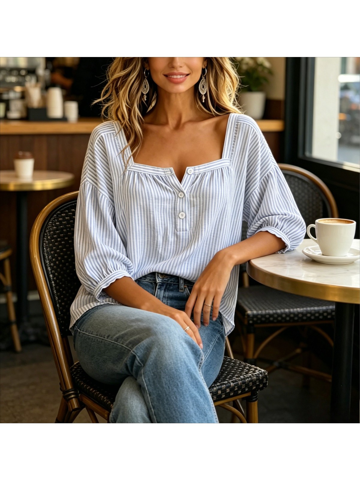 Women Button Front Square Neck Print Top Short Sleeve Relaxed Summer Daily Tee