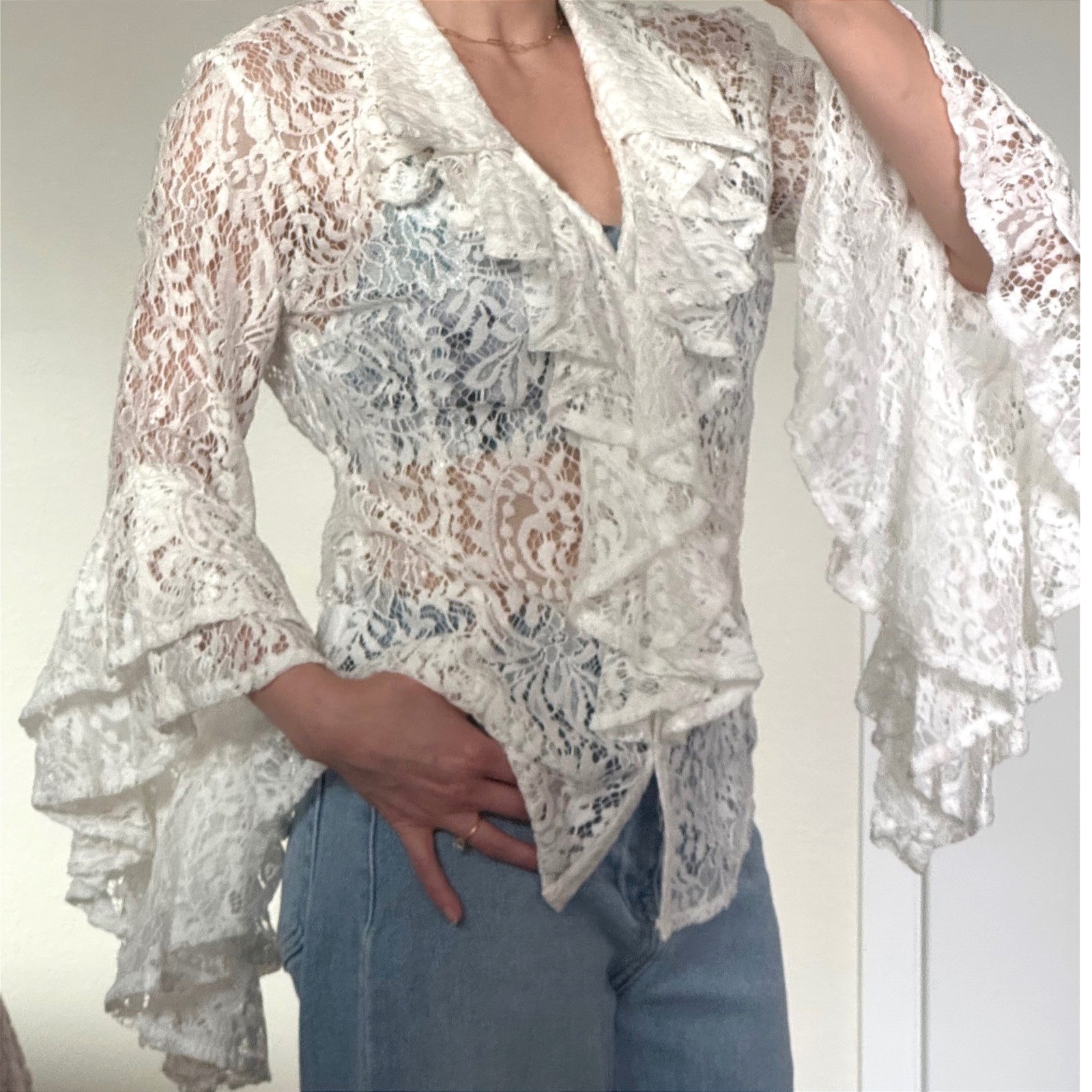 Angel Premium White Sheer Lace Ruffle Bell Sleeve whimsical fairy small NWT