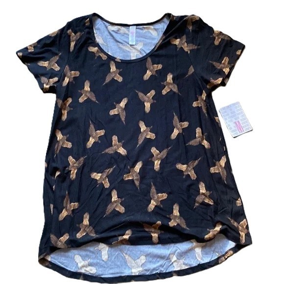 LuLaRoe Classic T Medium Birds Pheasants Black Gold High-Low Hem