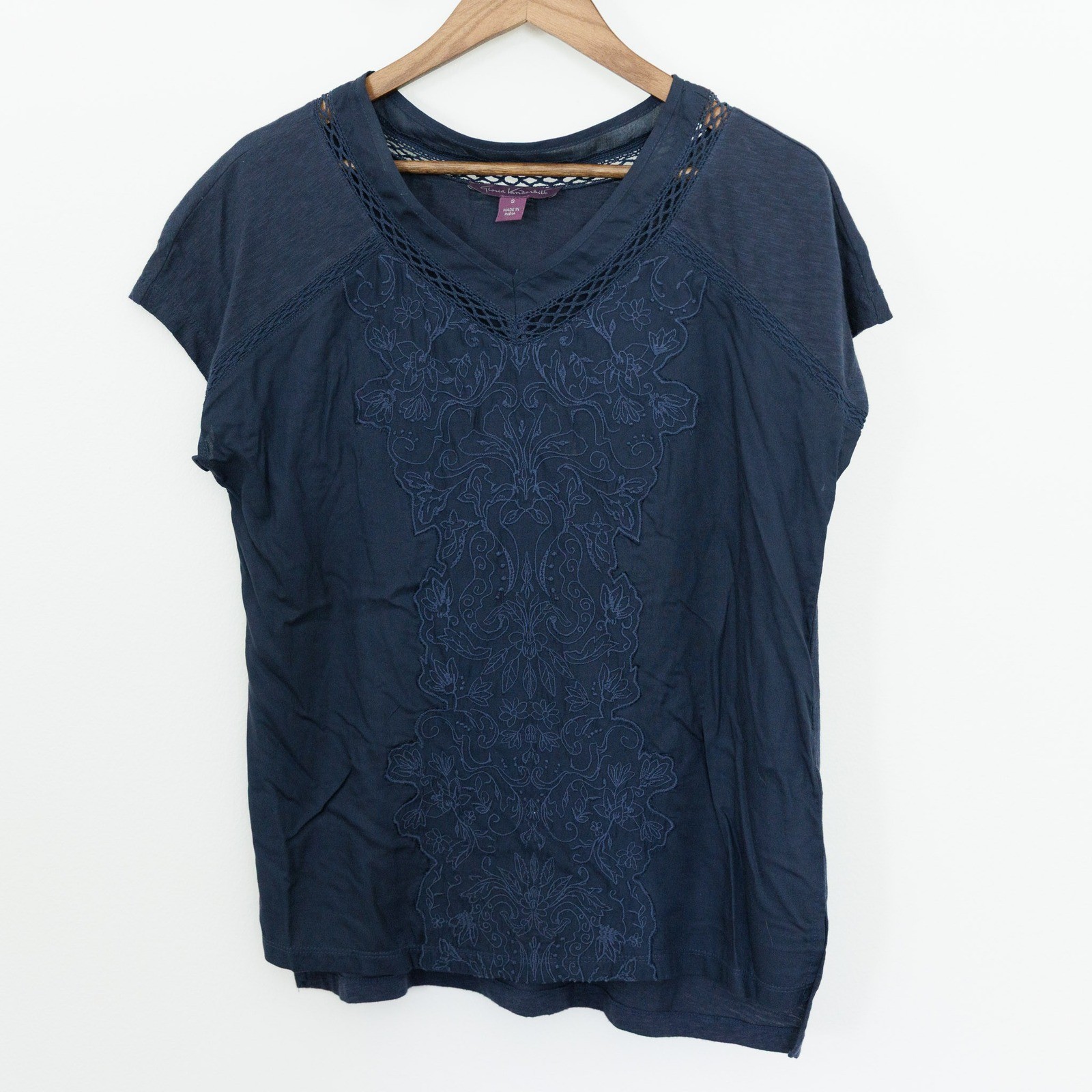 Gloria Vanderbilt Womens Navy Blue Embroidered Crochet Cap Sleeve Top S