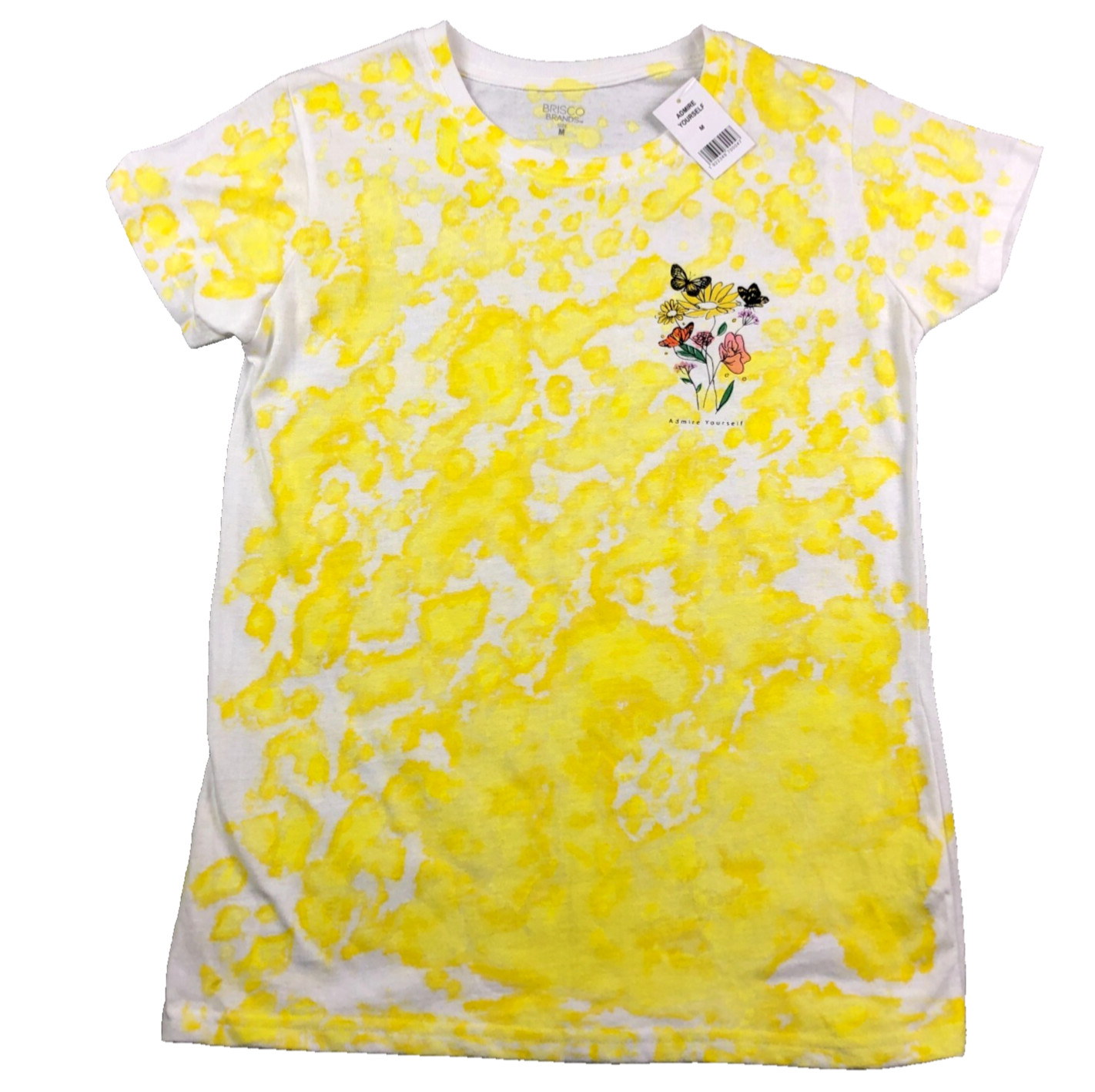 Brisco Brands Admire Yourself Womens Top Sz M Yellow Flowers Short Sleeve NWT