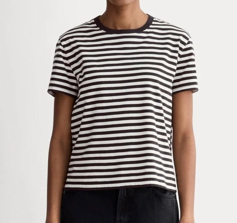 Everlane The Box-Cut Tee in Essential Cotton Striped Bone Black Size L NWT