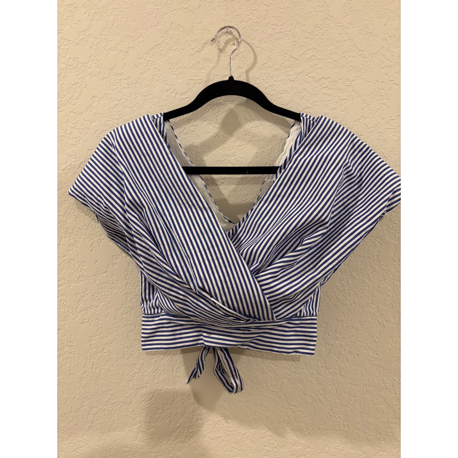 Avec Blue White Striped Wrap Front Tie Waist Crop Top