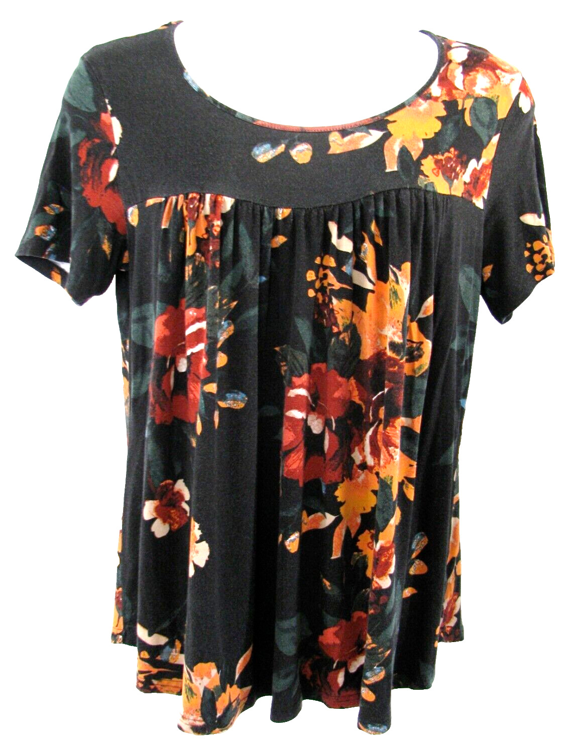 Womens Empire Waist Blouse Black Multicolor Floral Pleated Short Sleeve XL
