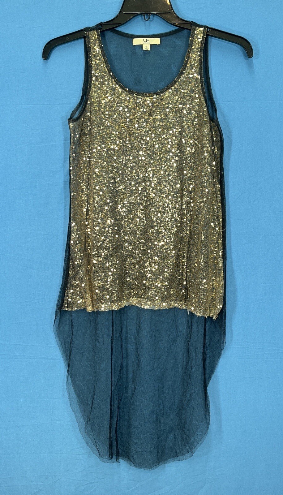 YA LOS ANGELES See-Through GOLD SEQUIN w/Mesh Overlay HIGH-LOW Tank Top Sz S