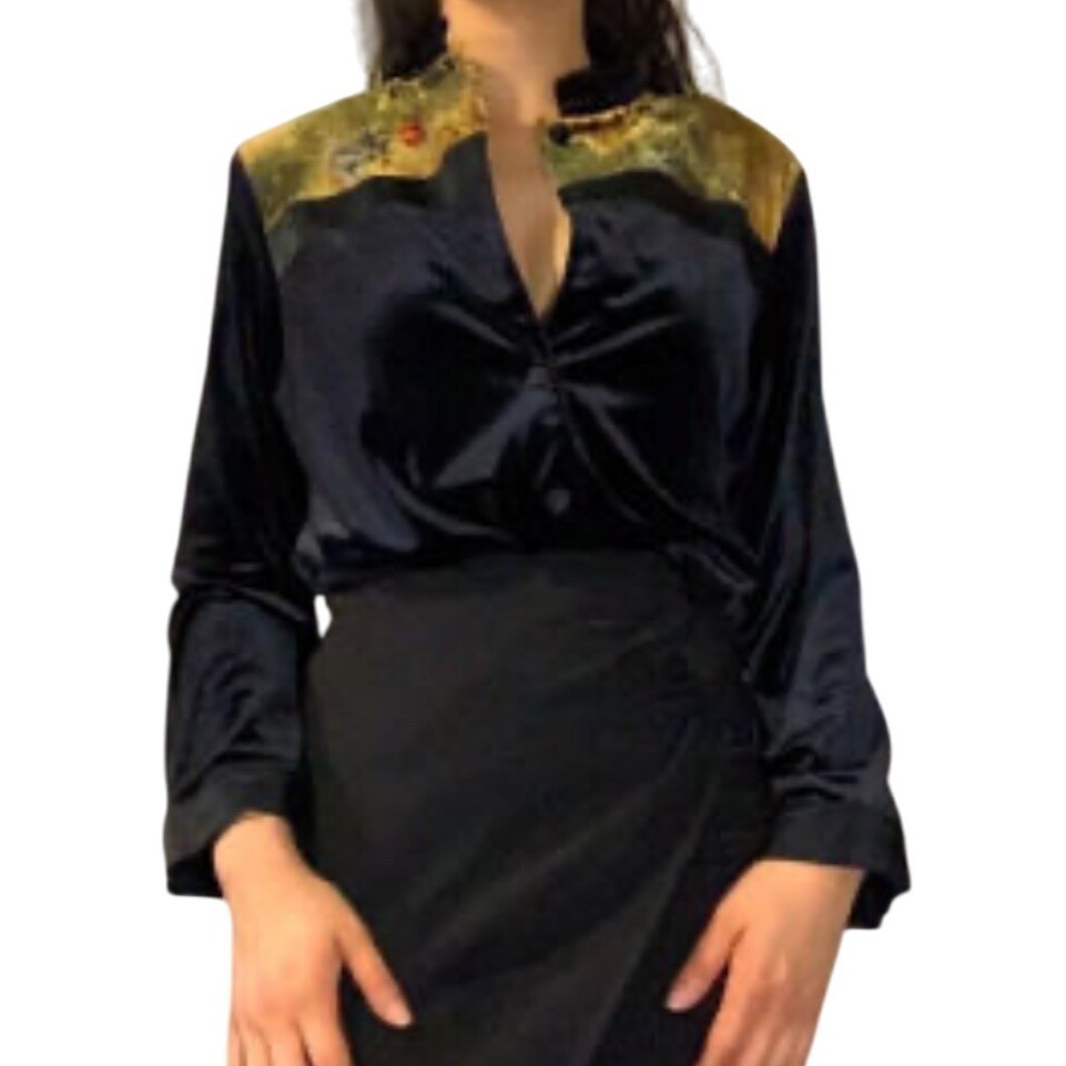 Erin London Shanghai Nights Black Velvet Button Top Gold Floral Trim Medium NEW