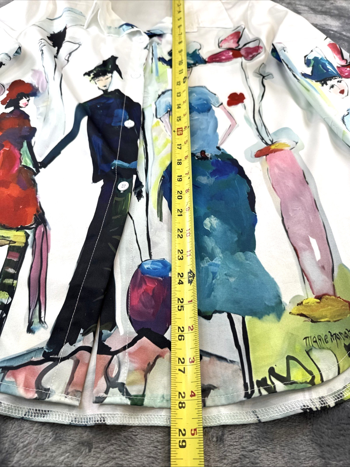 Art Print Blouse Womens Large White Fashion Illustration Button Front Long Sleev