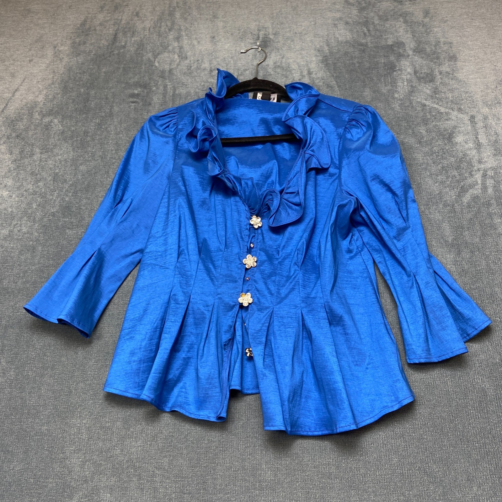 Chetta B Taffeta Blouse Top Womens 10 Blue Rhinestone Pleated Ruffled Collar