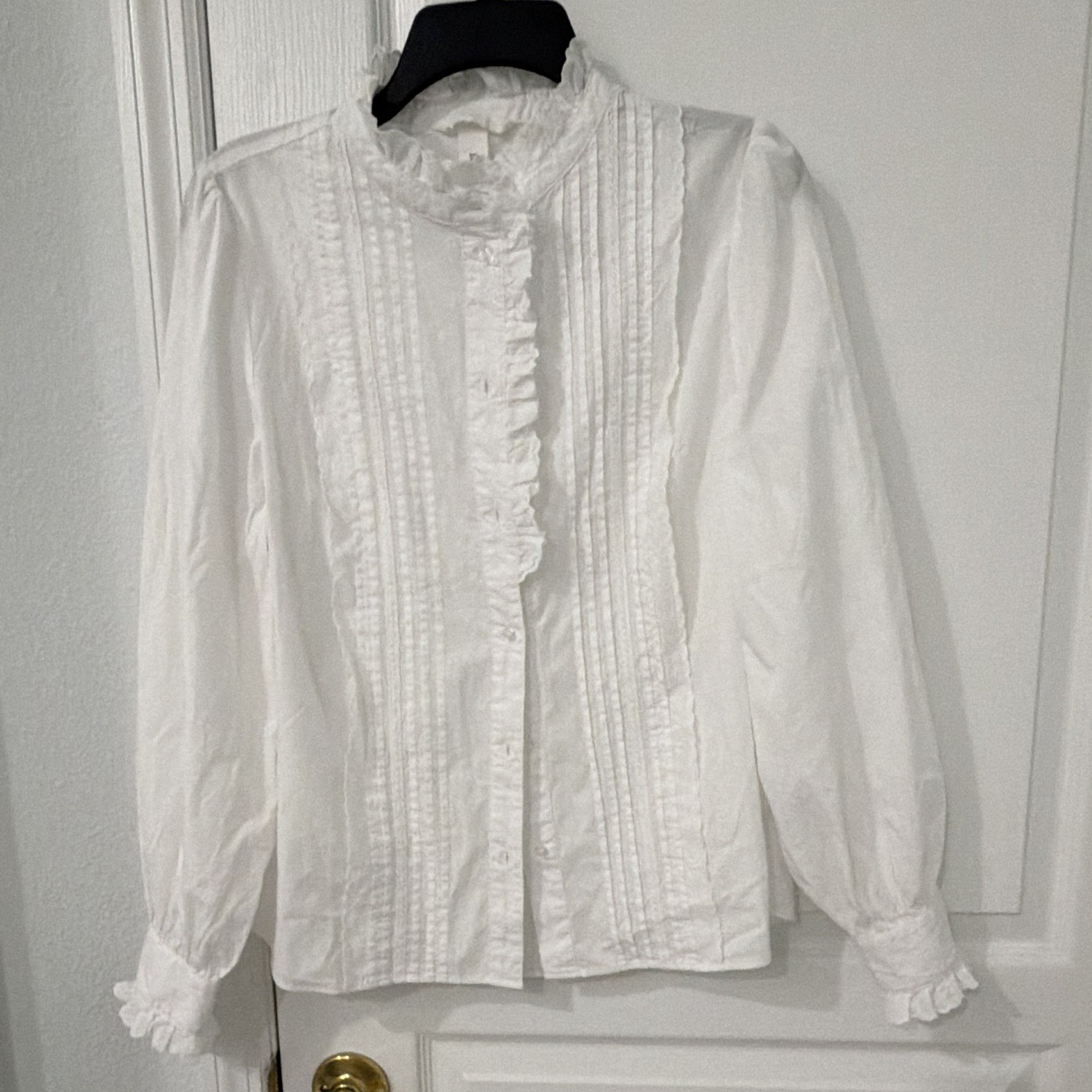Zara Women’s L White Solid Woven High Neck Ruffle Lace Pleated Button Blouse
