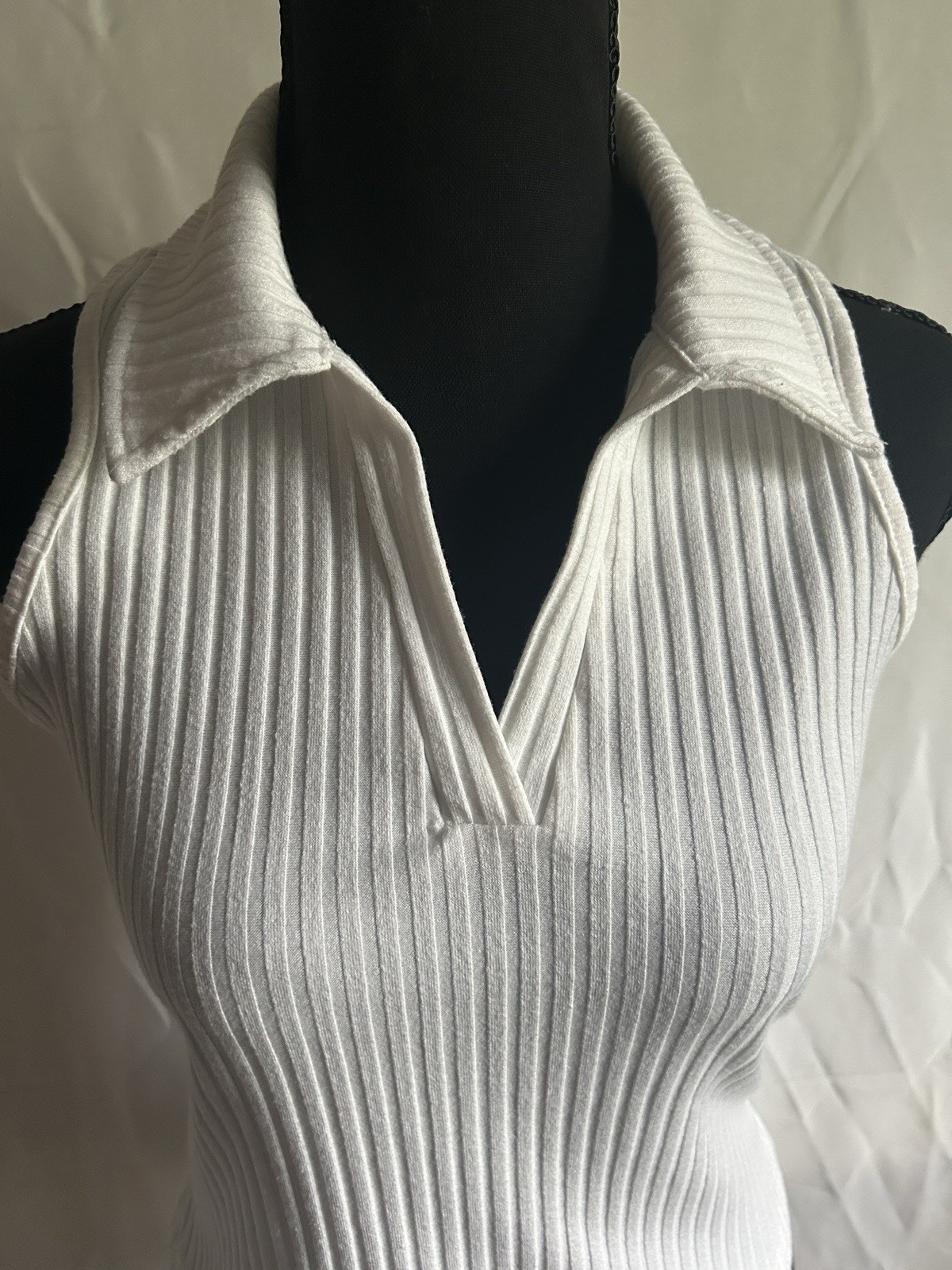 Women’s White Ribbed Sleeveless Polo Tank Top Racerback Size S
