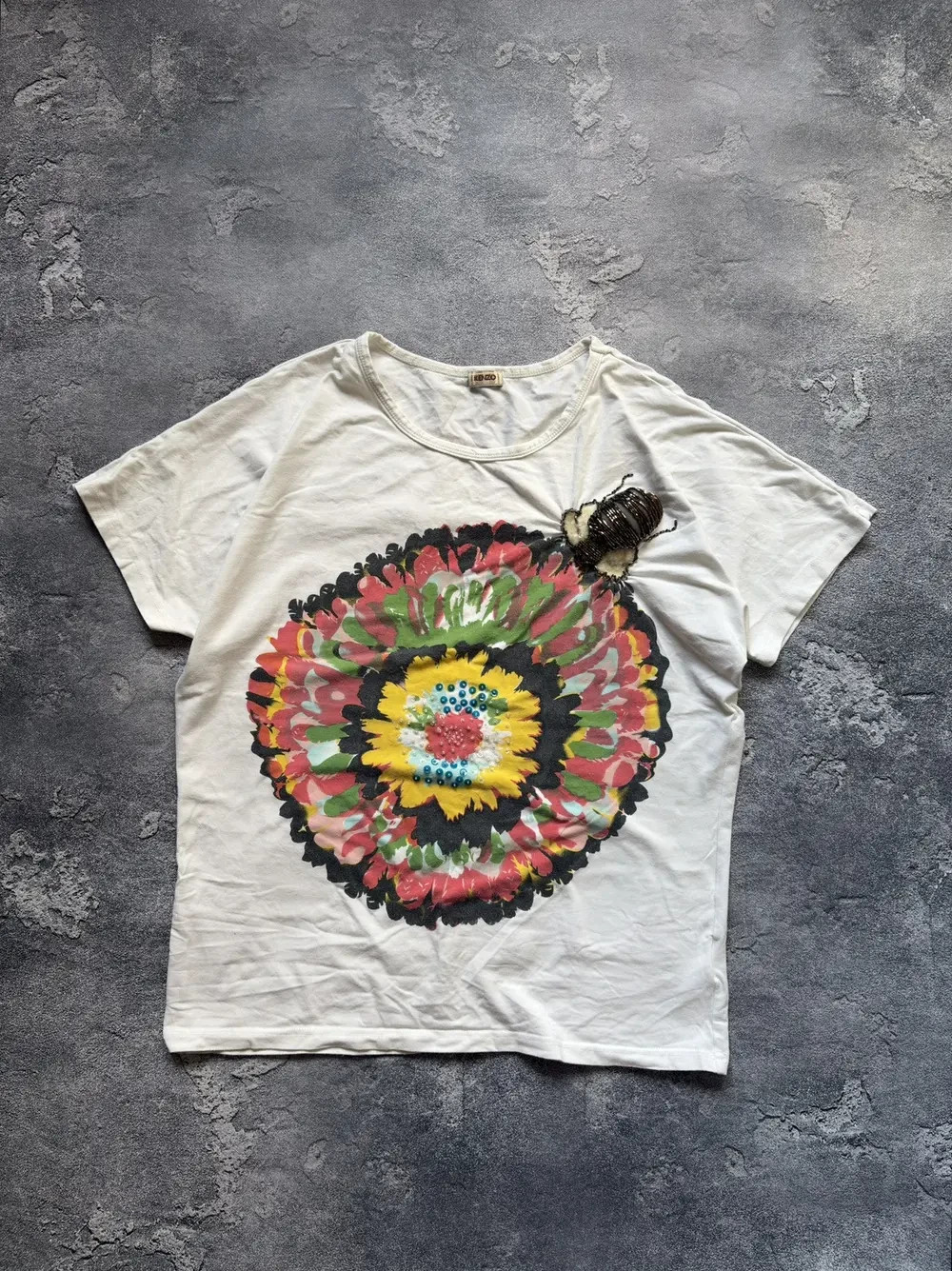 Vintage Kenzo Y2K Graphic Print 3D Beaded Bug T-Shirt Womens Rare