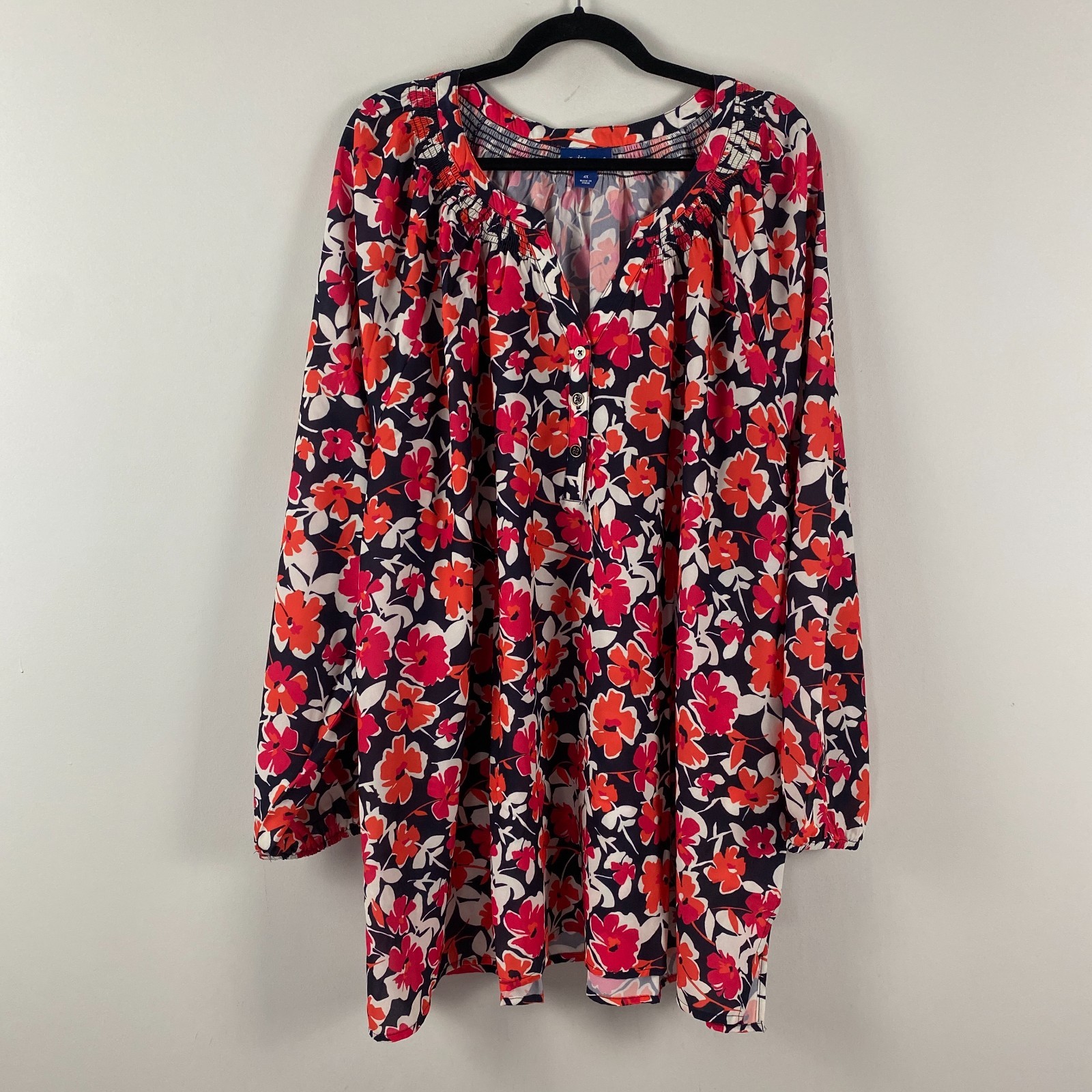 Liz & Me Floral Peasant Blouse Size 4X Georgette Popover Navy Multicolor