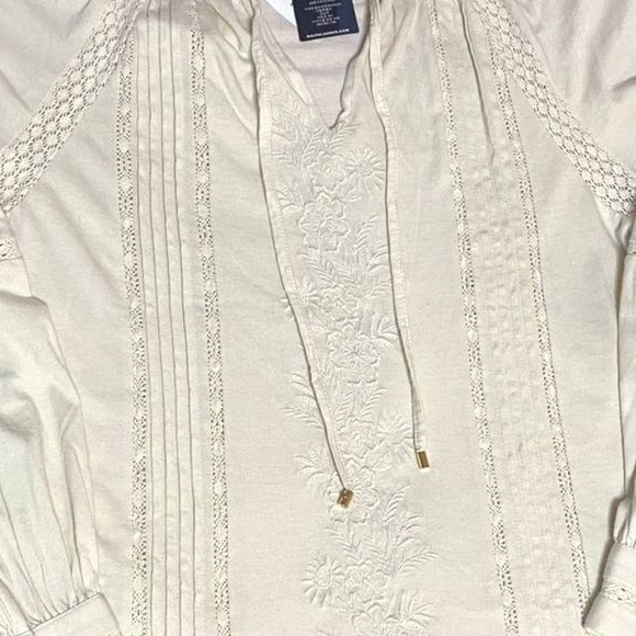 Lauren Ralph Lauren Long Sleeve Embroidered Tie-Neck Top