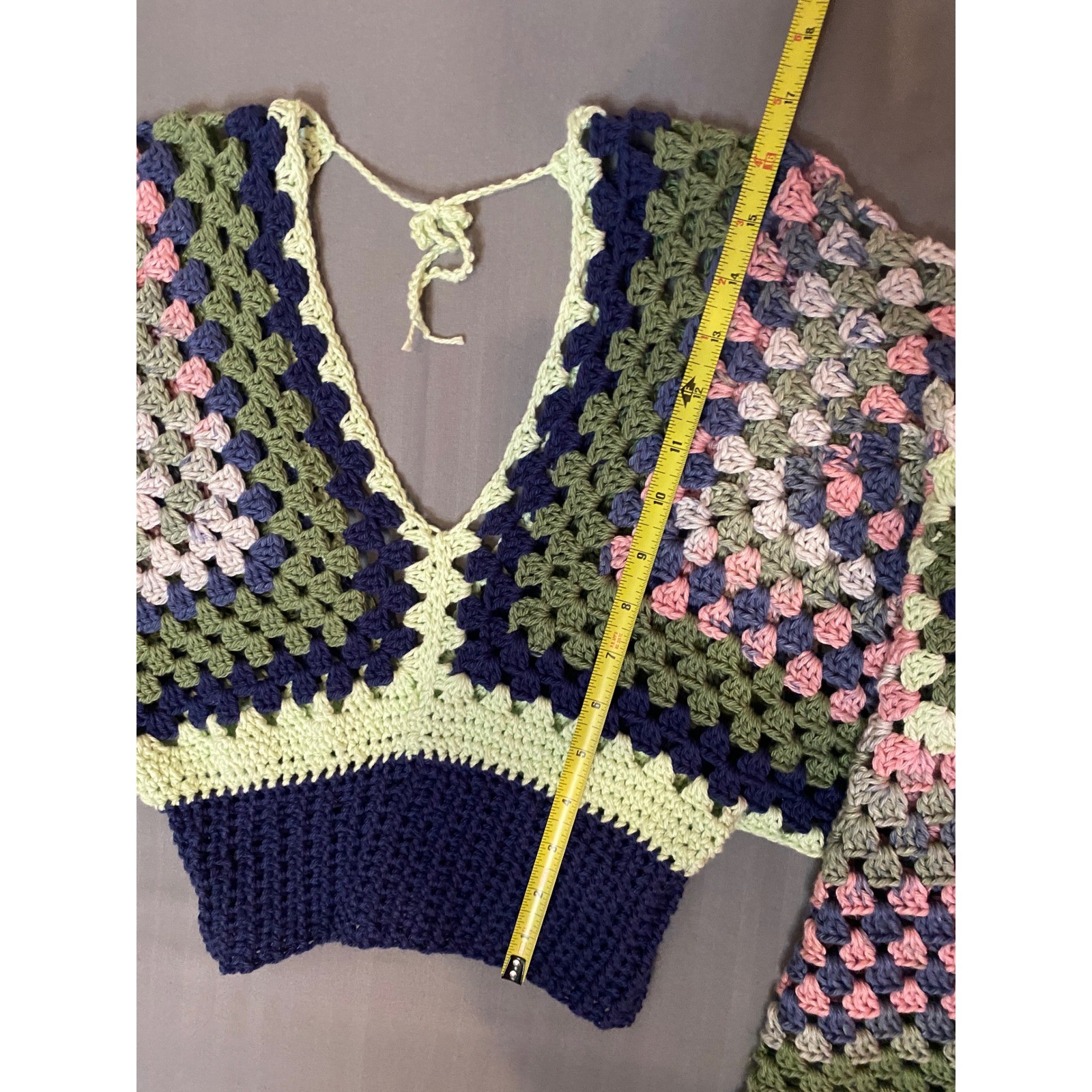 Handmade Crochet Granny Square Crop Top Bell Sleeve Green Navy Pink Boho V-Neck