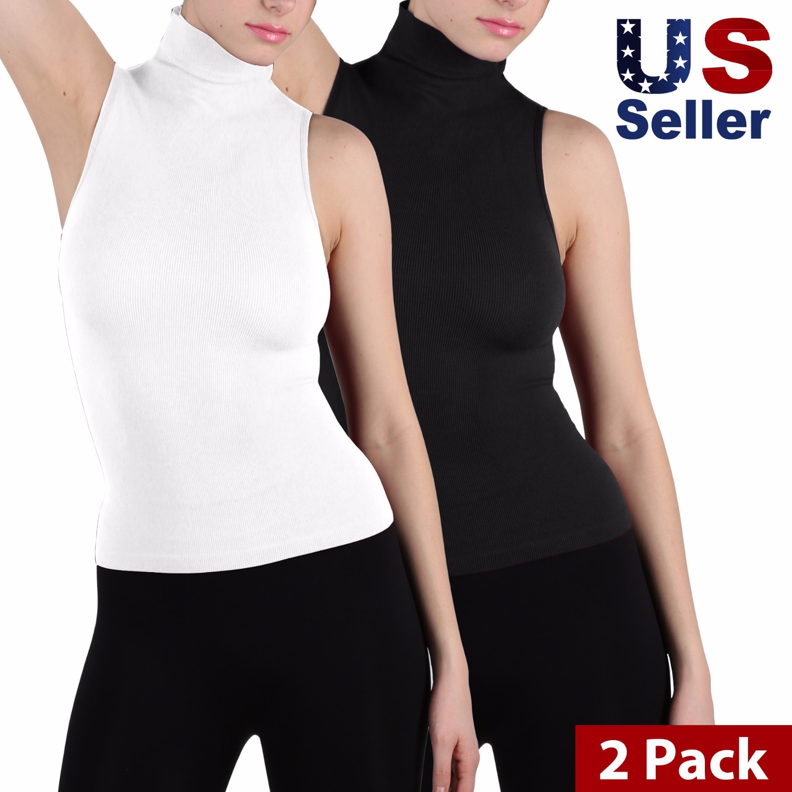 2-Pack Women Sleeveless Mock Neck Turtleneck Body Shaping Tank Top Tee Shirts