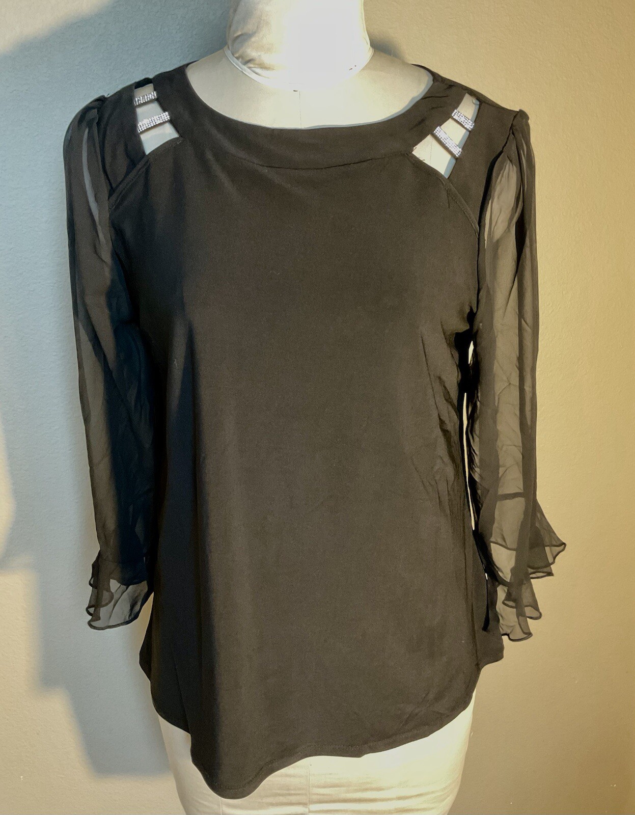 Adele & May Black Dressy Womens Blouse Formal Sheer Sleeved Crystal Top XL