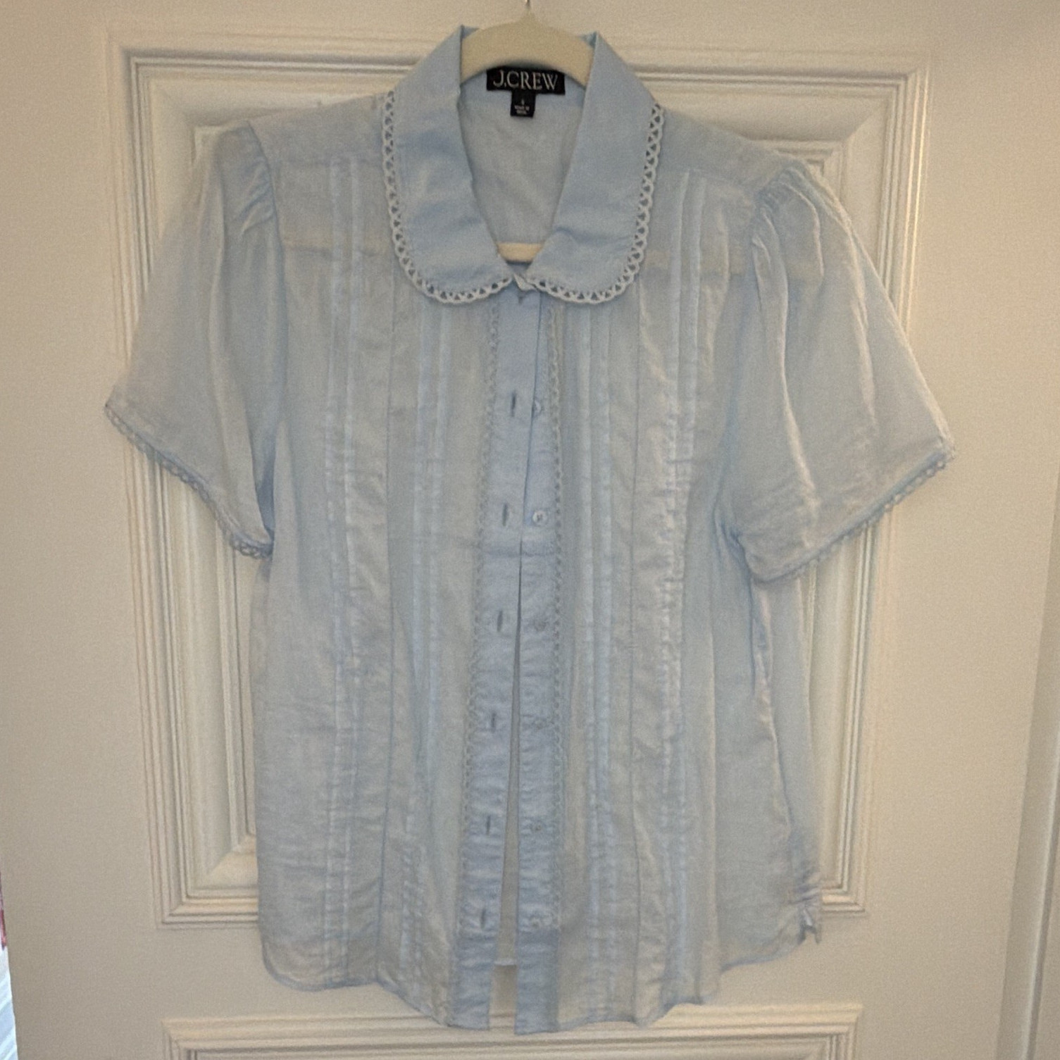 J.CREW Blue Solid 100% Cotton Button-Front Collared Short Sleeve Blouse 8