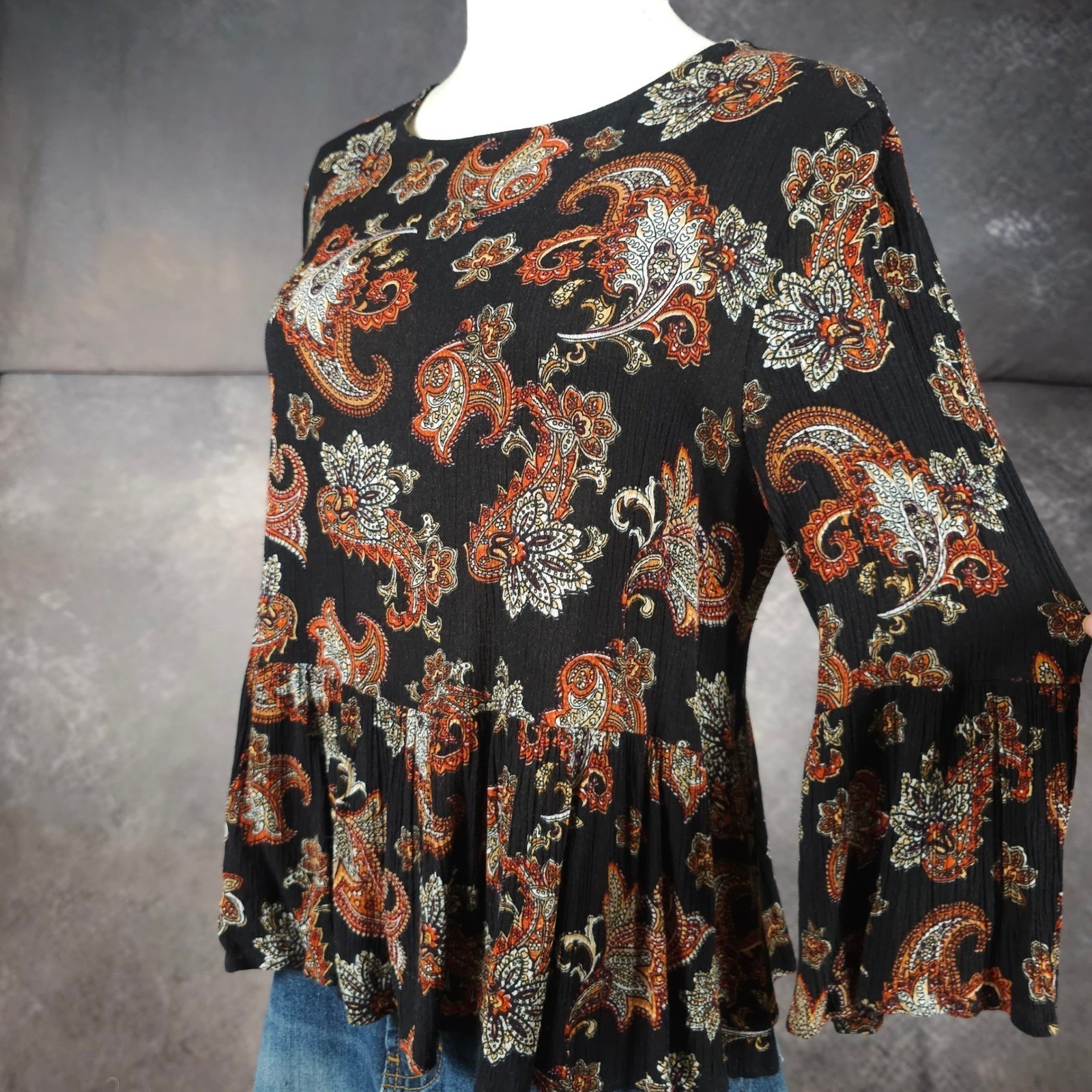 Altar’d State Peplum Top Boho Festival Paisley Bell Sleeve Blouse Black Orange M