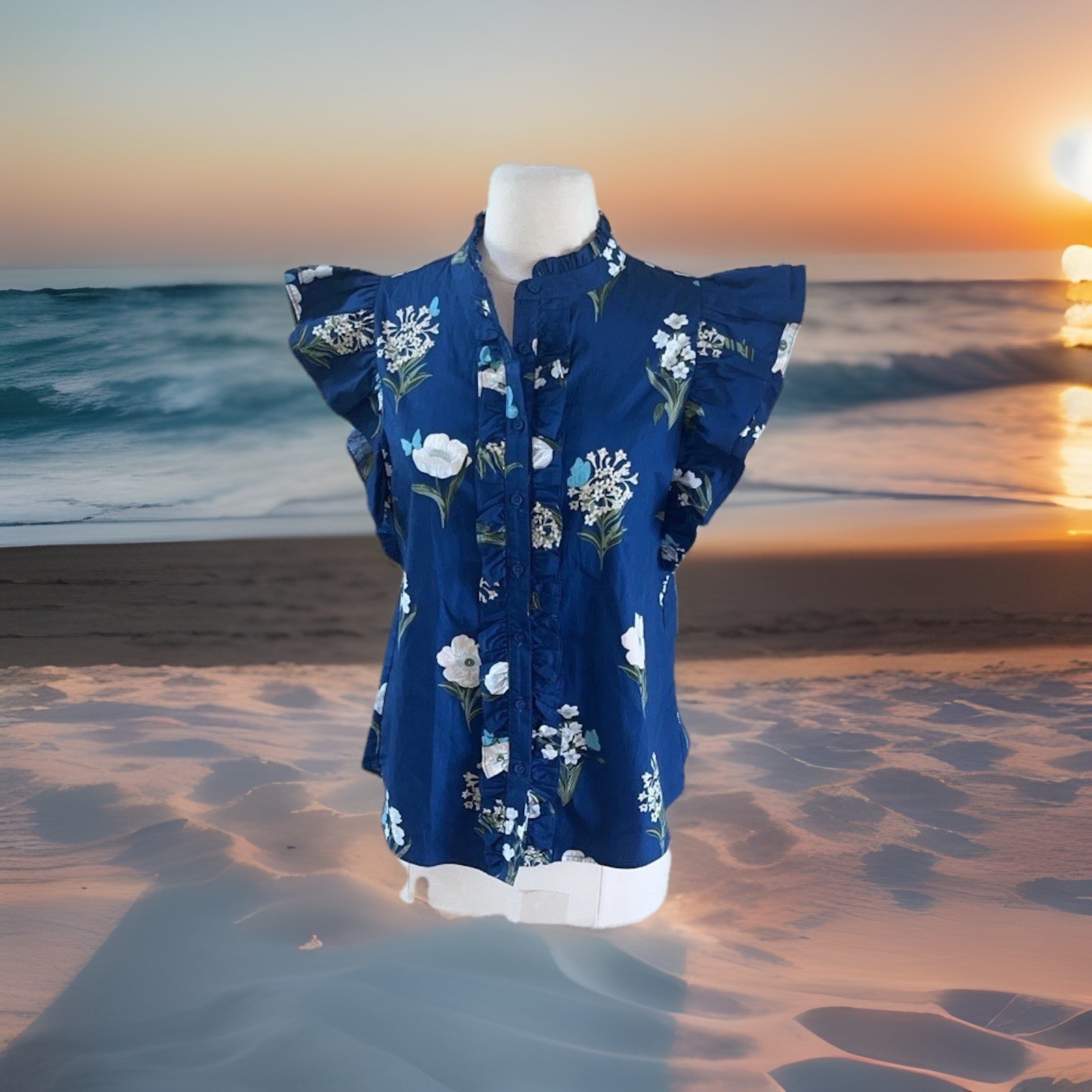Sugar Lips Avara Anita Top Blue Cotton Floral Blouse Flutter Sleeve New