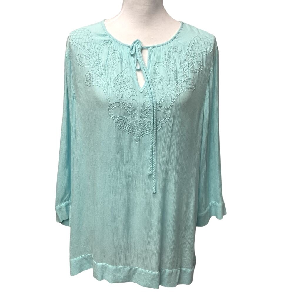 Chico’s Women’s Embroidered Tunic Blouse Size L Teal Blue Tie Neck Long Sleeve