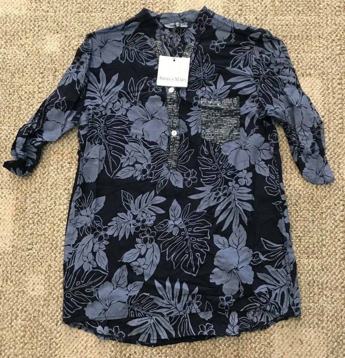 Angela Mara Womens Short Sleeve Top Navy Blue Floral Print Size Small S