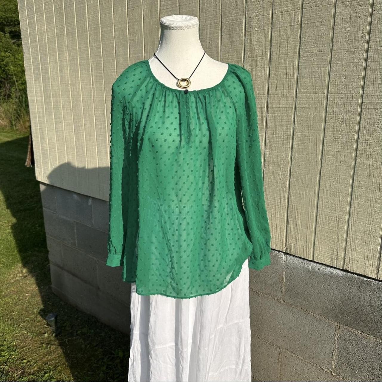 J.Crew Emerald Green Swiss Dot Peasant Blouse | Sheer Boho Long Sleeve Top