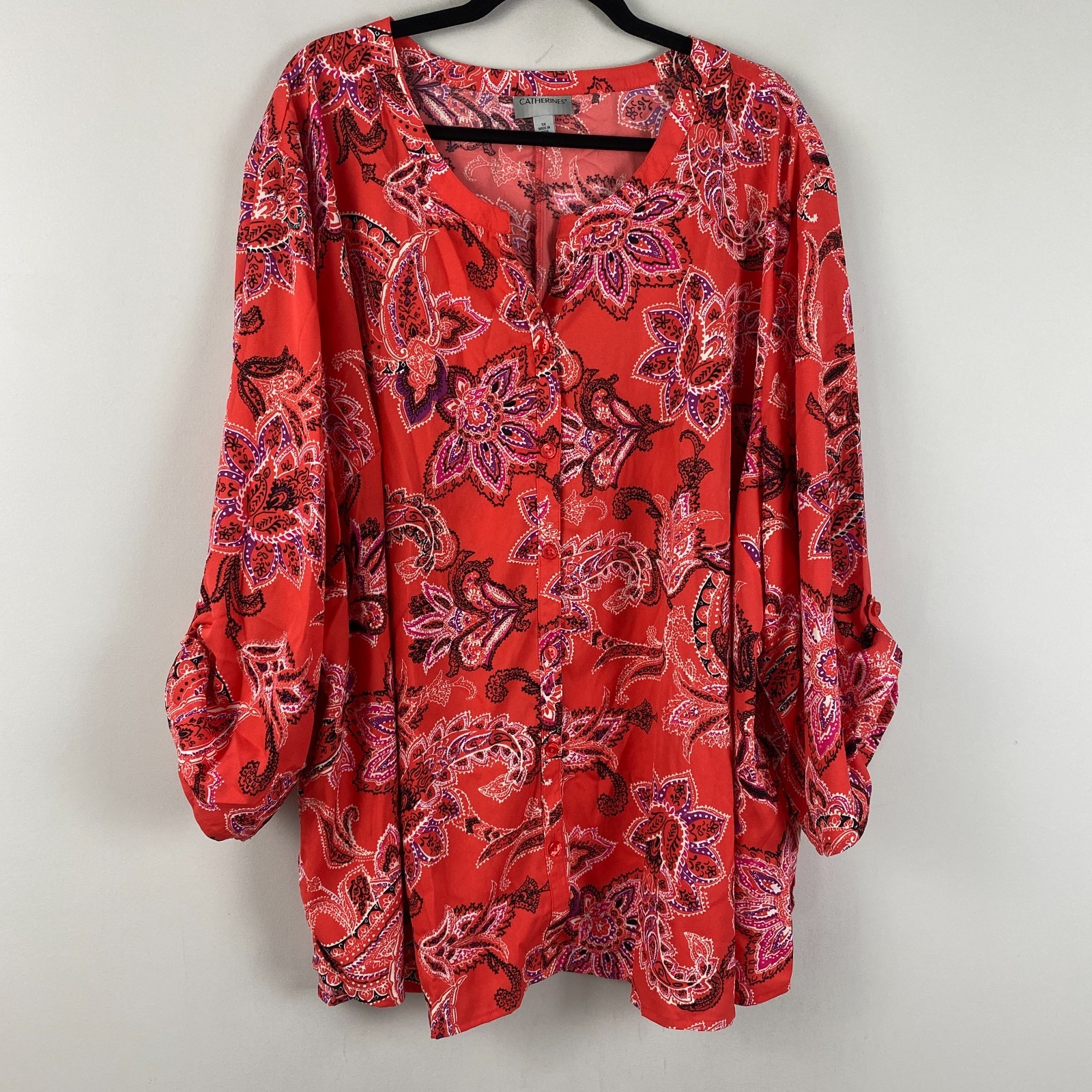 Catherines Breezeway Georgette Blouse 5X Red Paisley Button Up 3/4 Sleeves