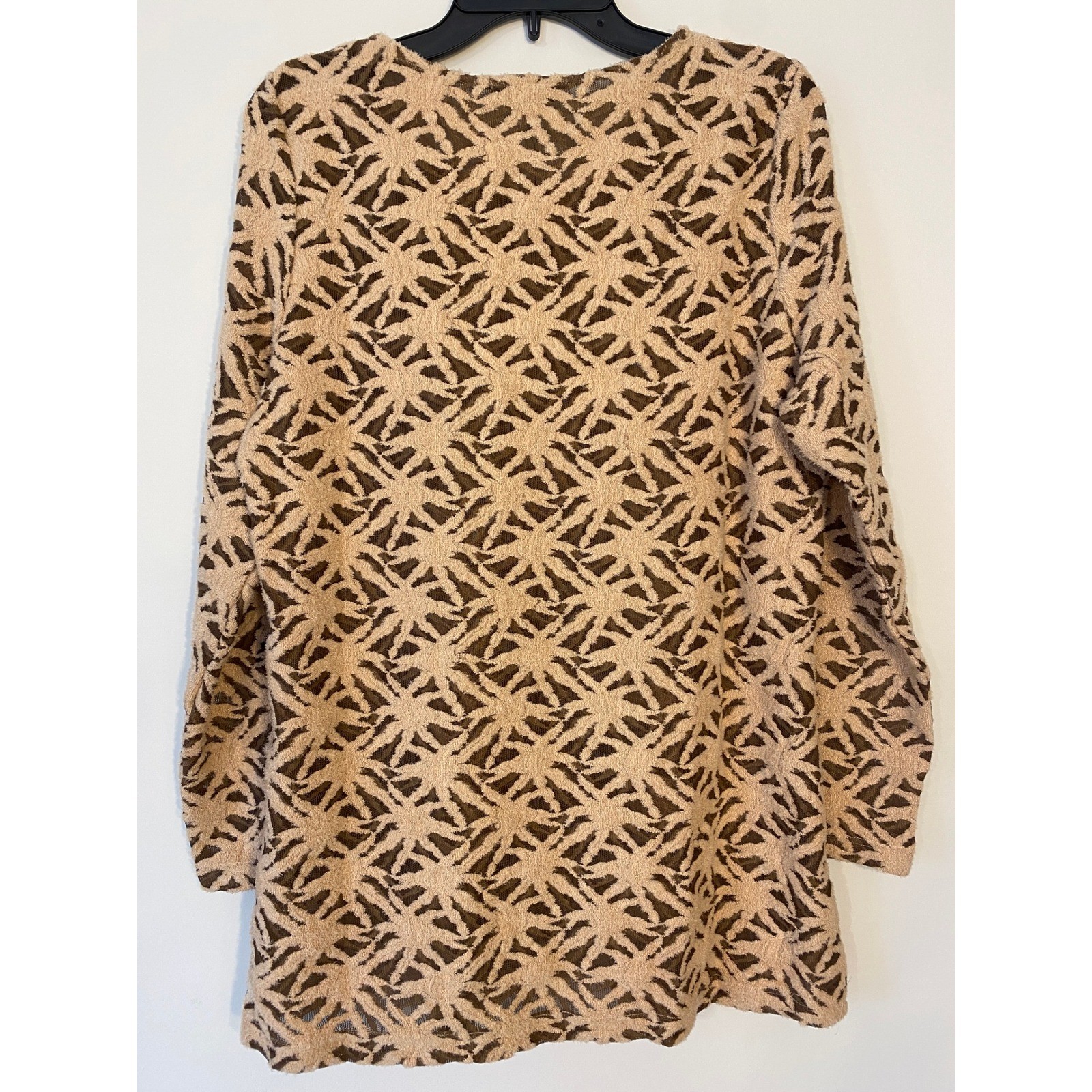 NWT Radzoli Khaki Brown Textured Geometric Long Sleeve Tunic Top XL Sheer Mesh