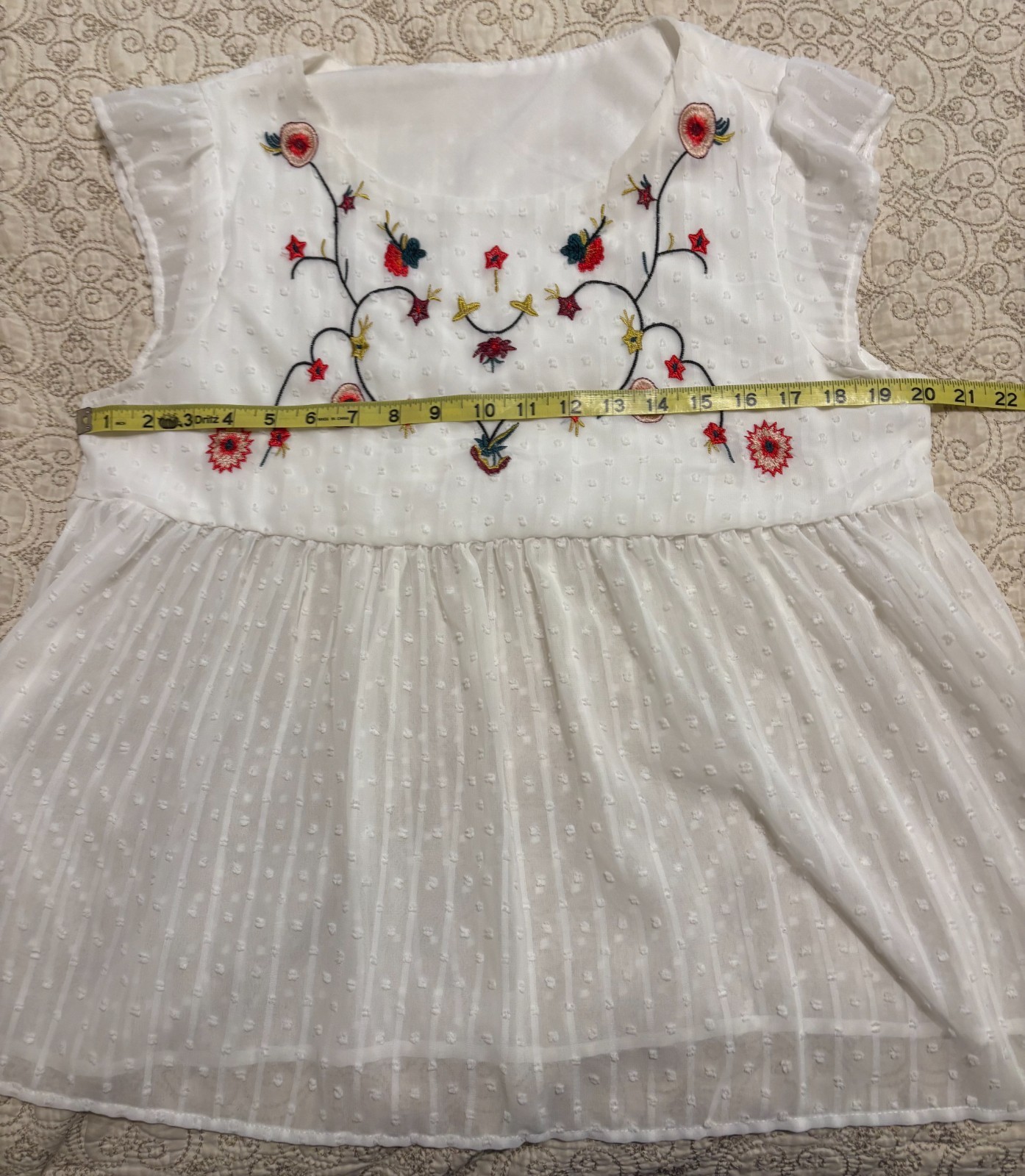 SHEIN Boho Floral Embroidered Swiss Dot Babydoll Blouse White Size L Large