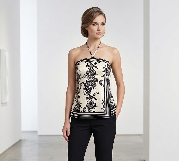 White House Black Market Silk Halter Top Ivory Black Ornate Baroque Print