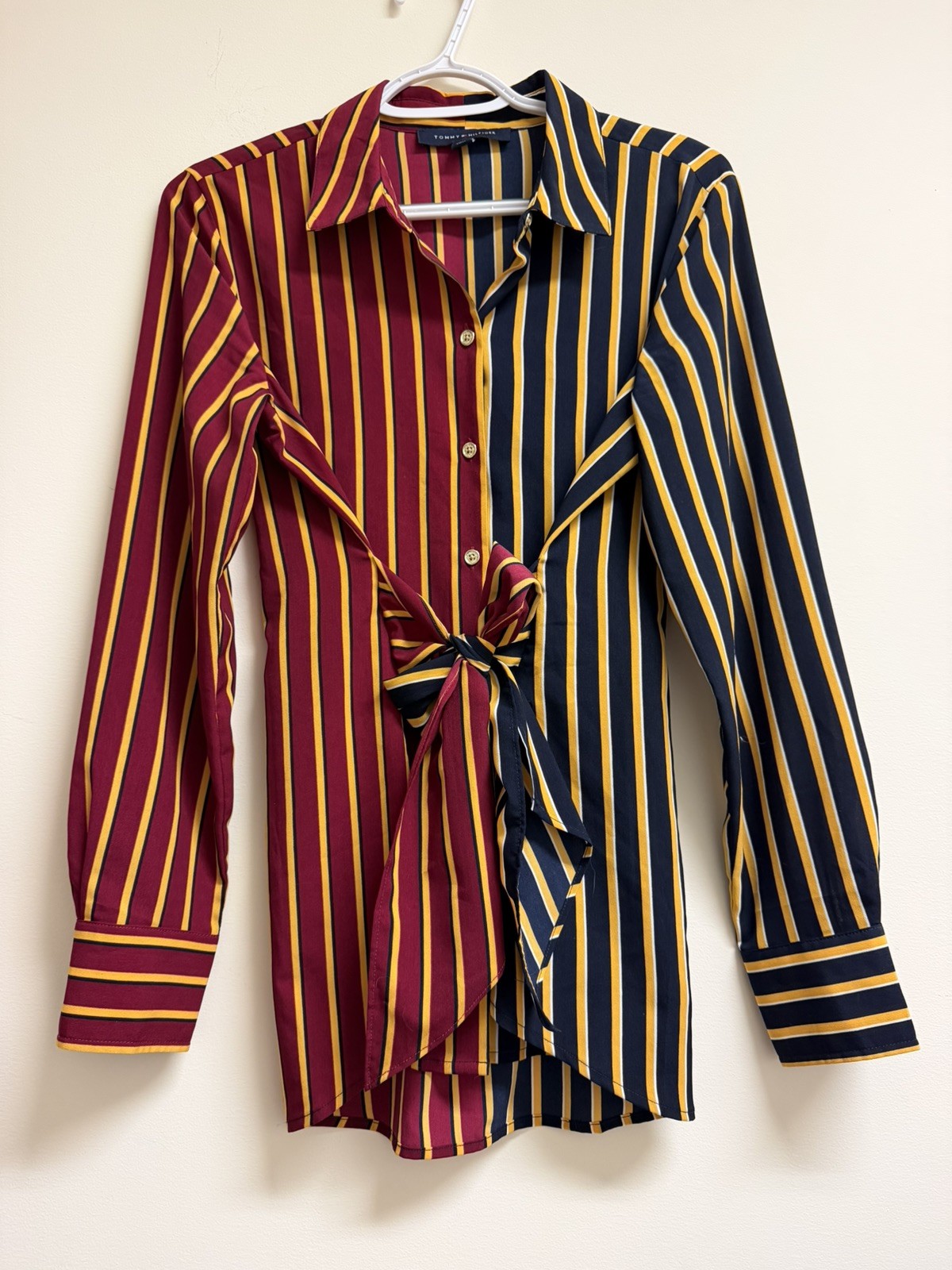 Tommy Hilfiger Womens Colorblocked Striped Tie-Waist Shirt SIZE S/P Small