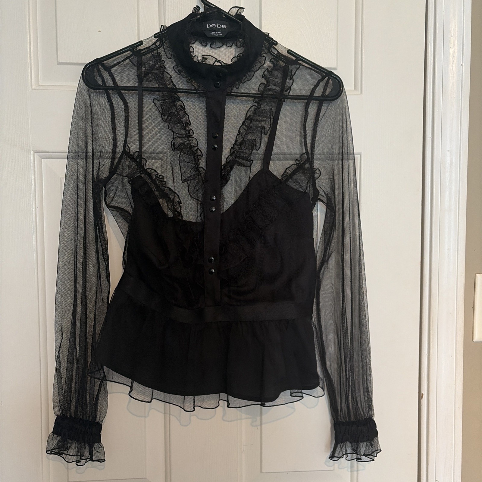 Bebe Black Sheer Lace Blouse Small Button Down Collar Long Sleeve Small/Petite