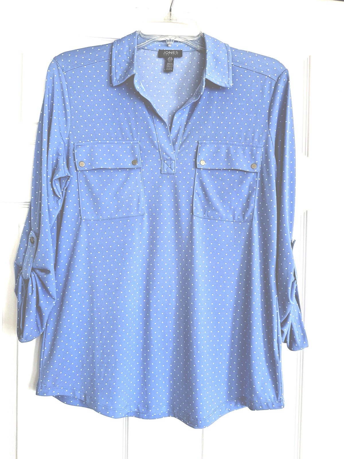 Jones New York Blue White Pin Dots Roll Tab Sleeves Collar Blouse Tunic – Small