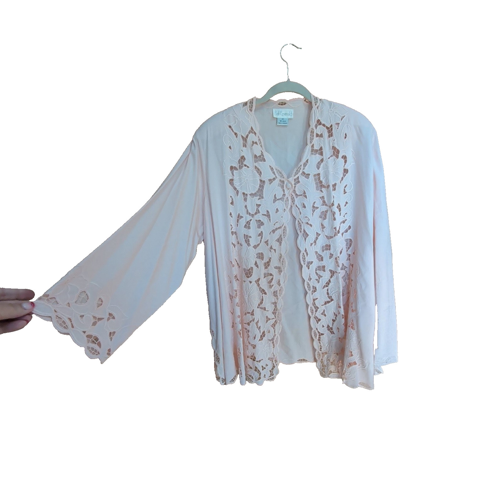 Vtg Bali Emerald Womens Floral Cutwork Embroidered Pink Open Front Cardigan 3X