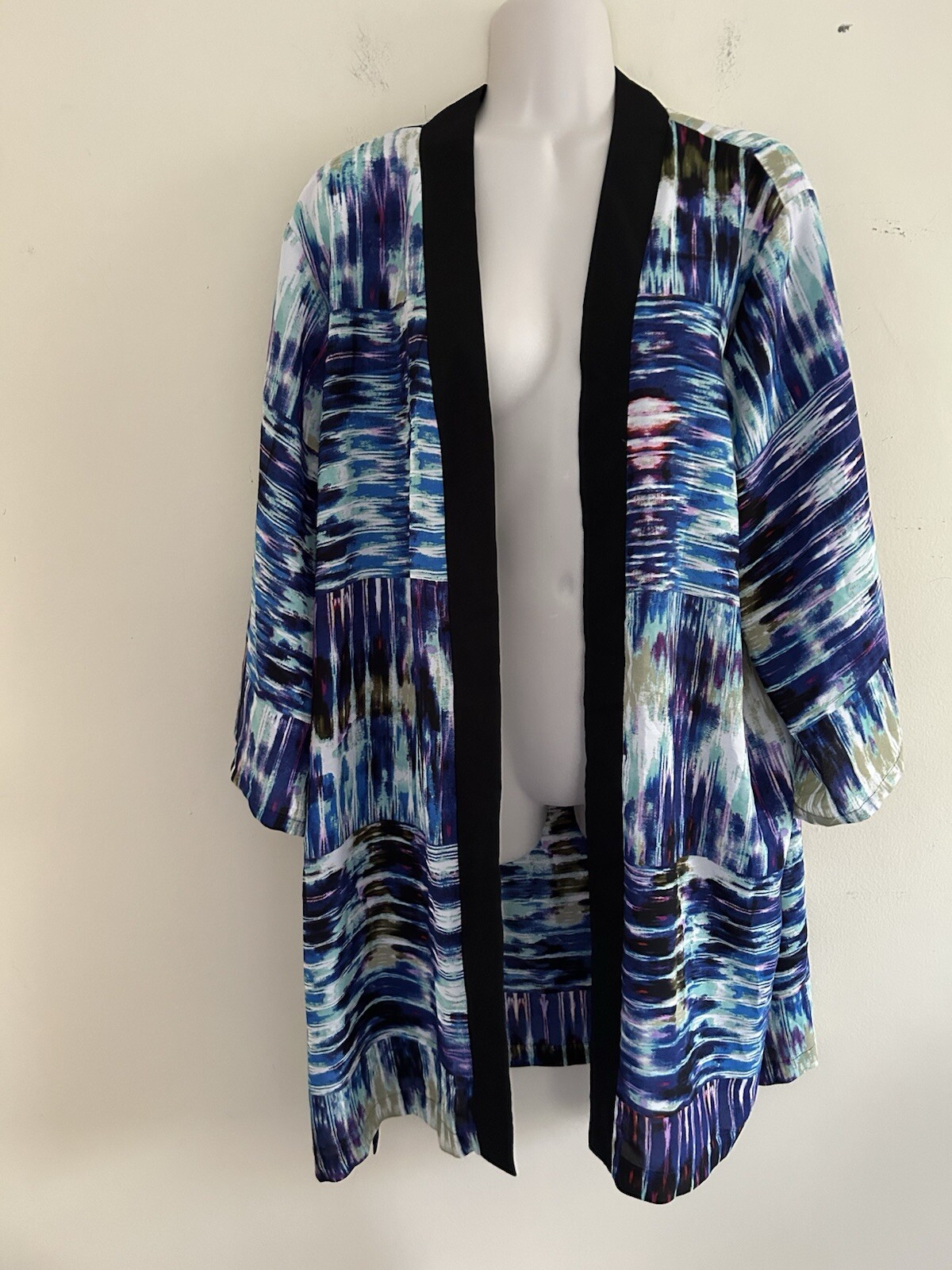 Studio Works Women’s Blue Stripe Print Open Front Cardigan Kimono Top Sz 2X