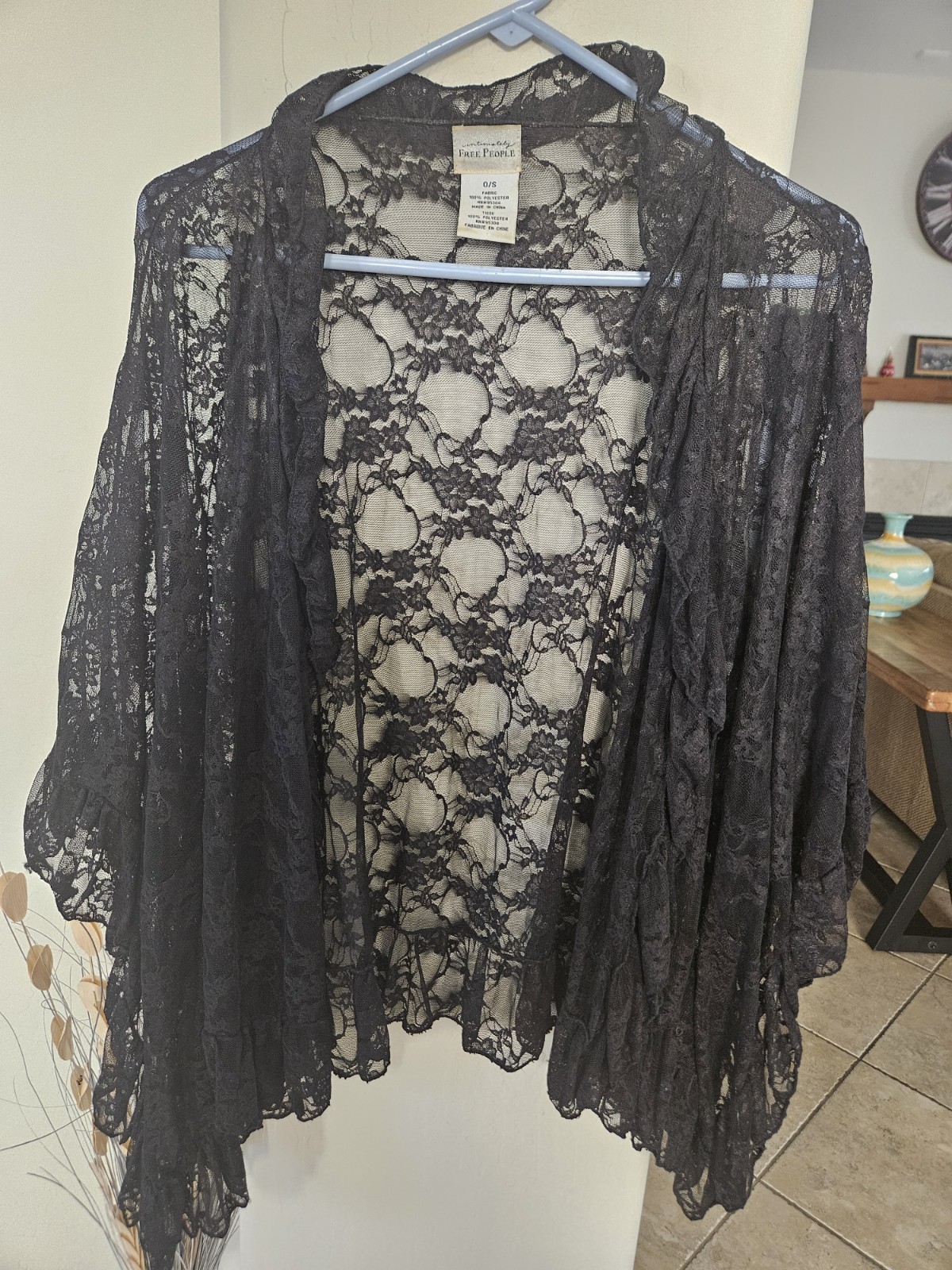 Free People Black Lace Kimono Cardigan Open Front Floral Sheer Boho One Size EUC
