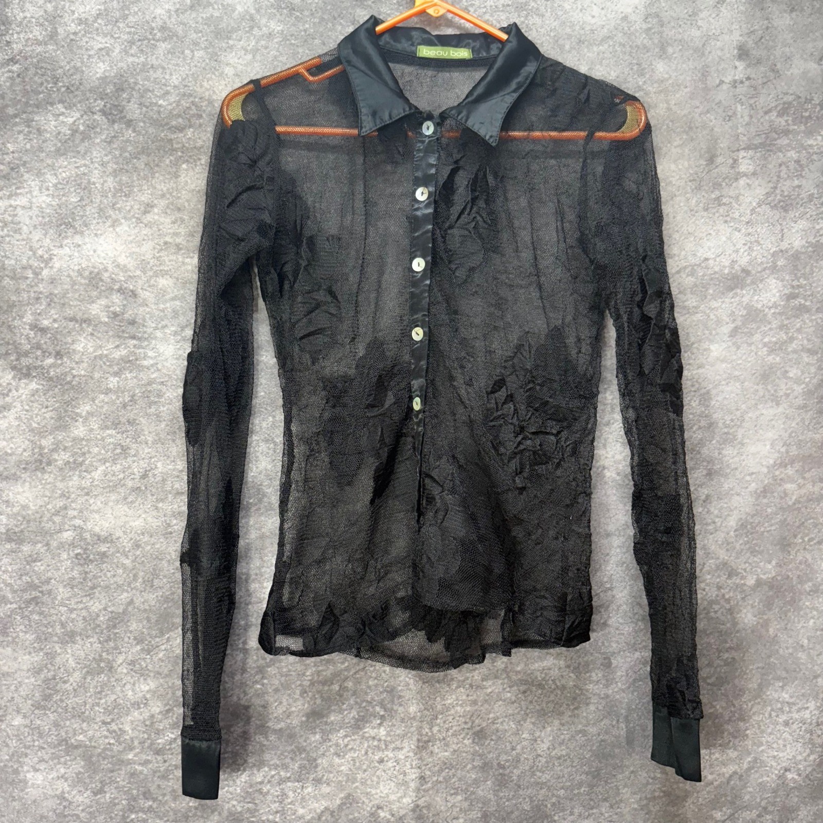 Beau Bois Black Sheer Lace Floral Button Down Shirt Women’s M Whimsigoth Y2K