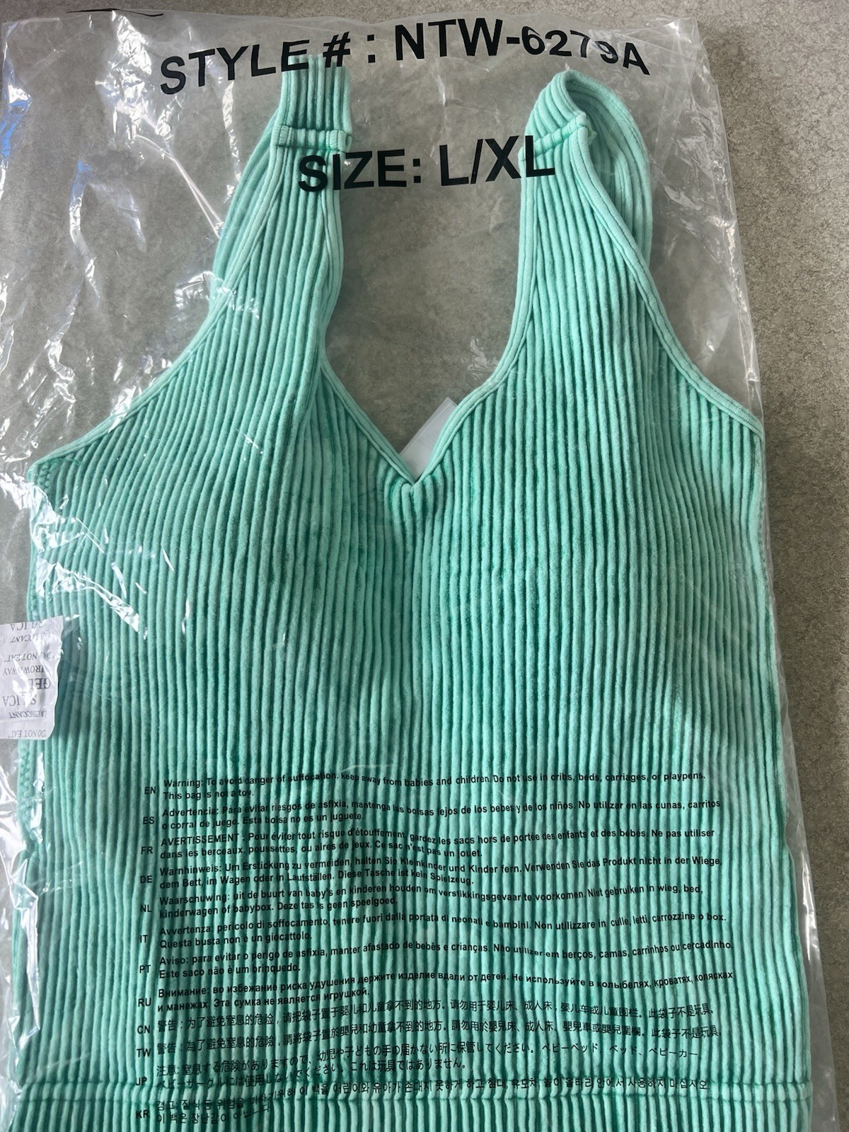 Zenana Green Ribbed Knit Brami Tank Top L/XL Built in Bra Seamless V-Neck