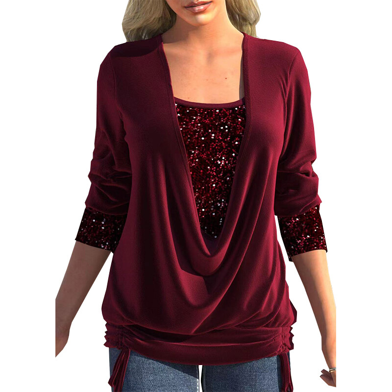 Long Sleeve Tunic Tops Blouse Tee Shirts Crew Neck Sequins Loose Plus Size Ḵ ๑