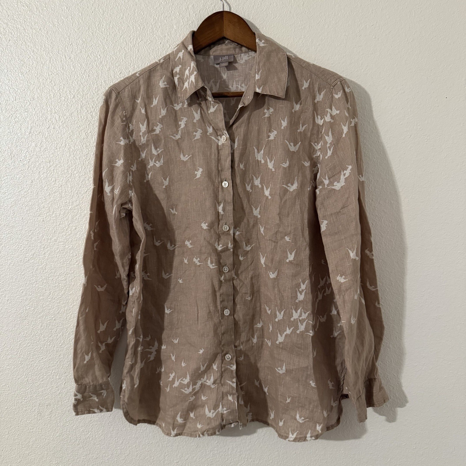 J. Jill Novelty Bird 100% Linen Button Down Shirt Women’s Small Beige White
