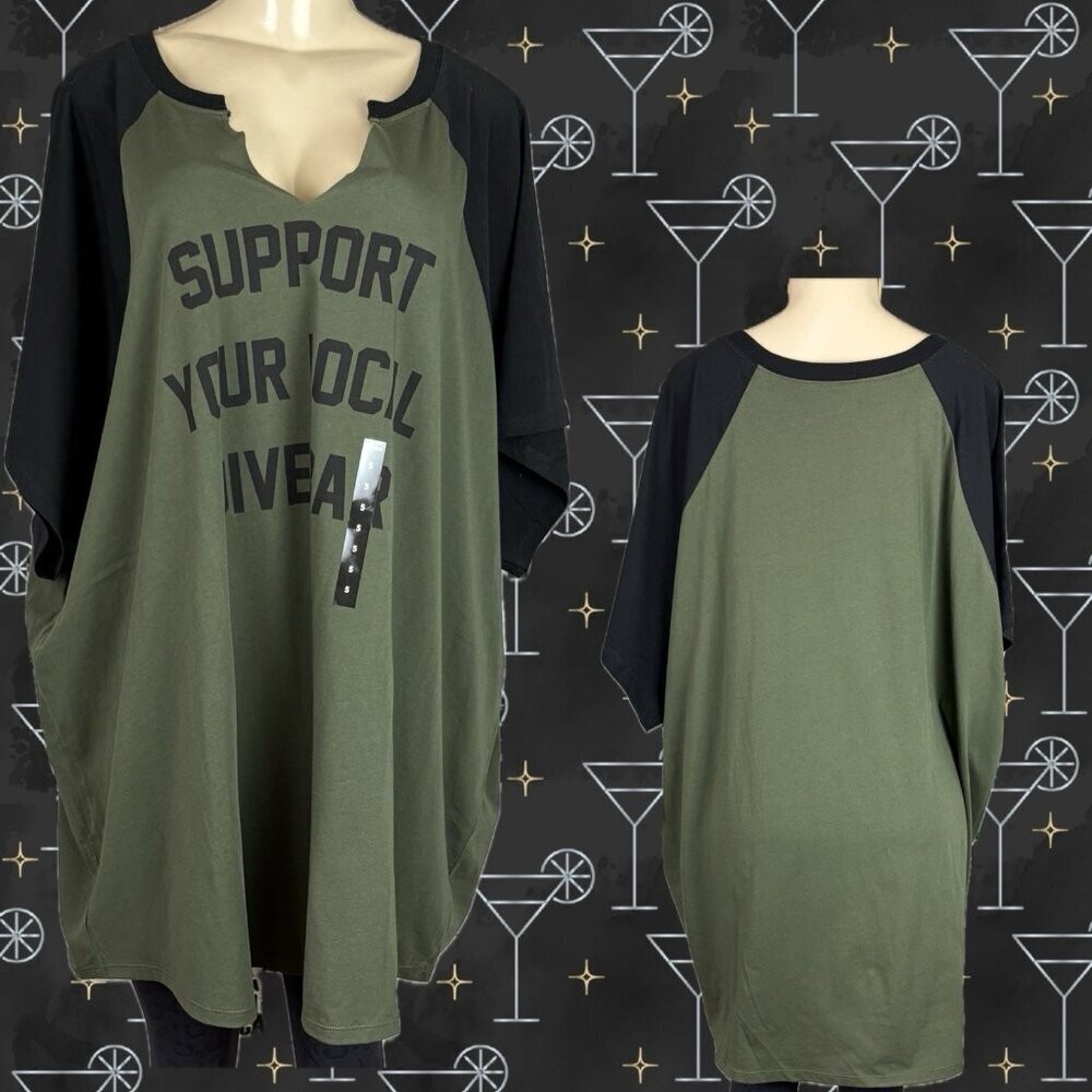 Torrid +5 Green Split Neck Support Your Local Dive Bar Statement Half Sleeve Tee