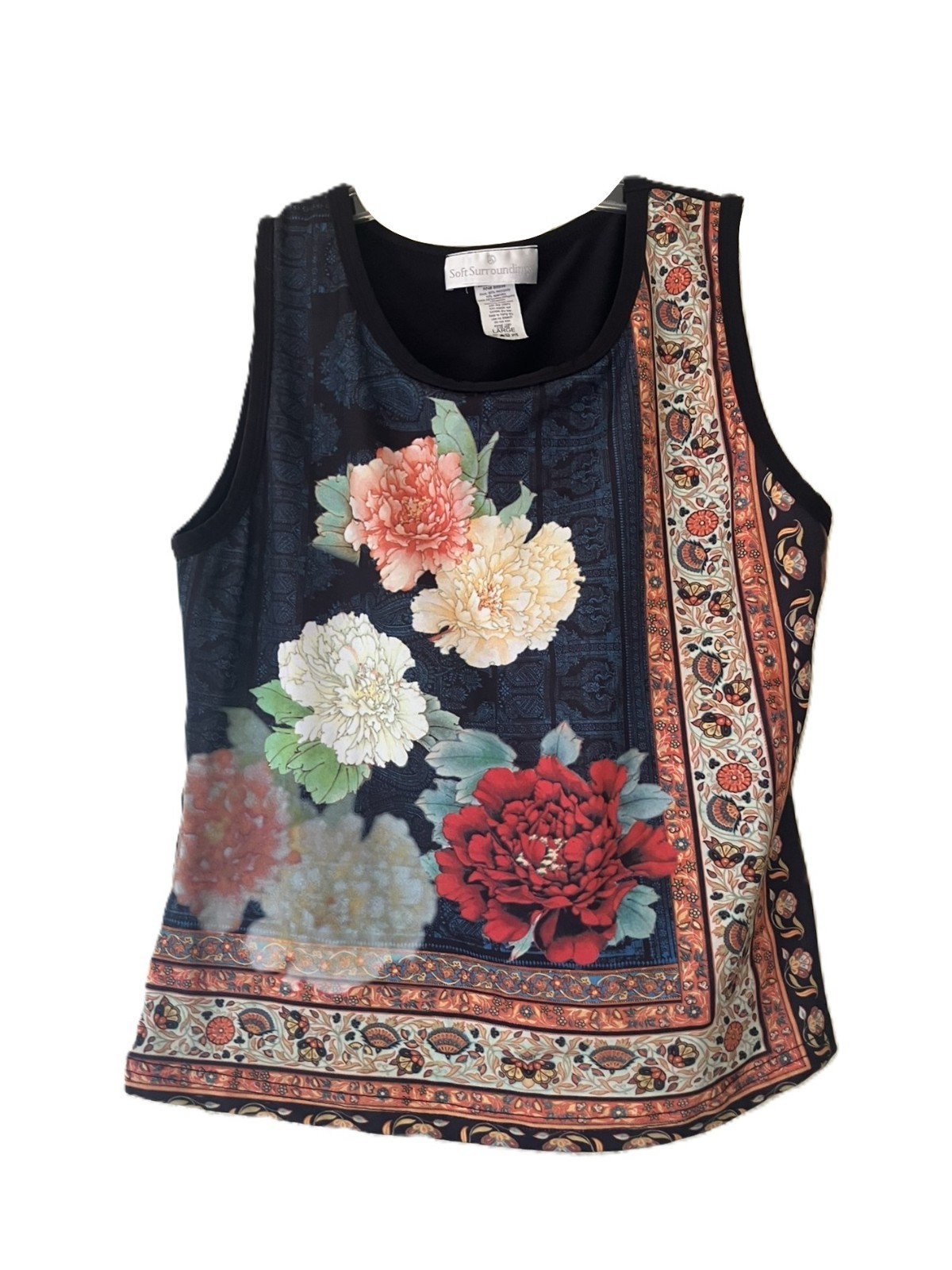 Soft Surroundings Floral Tank Top Built-In Bra Stretch Knit Black Large