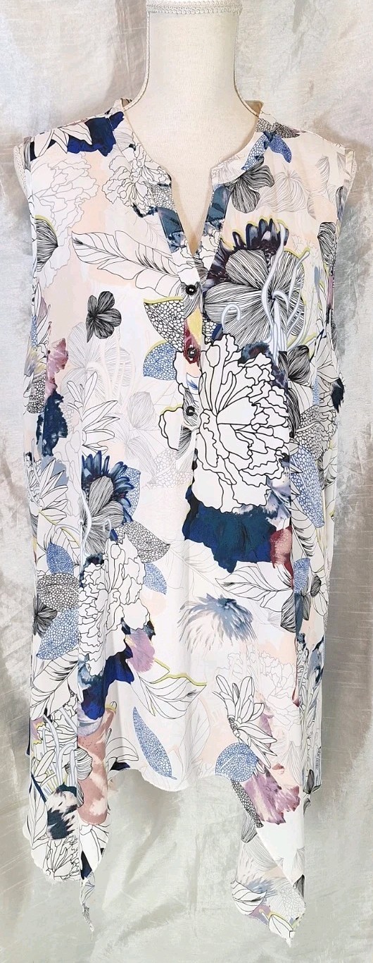SPENSE 3X Multicolor Floral Handkerchief Hem Sleeveless V-Neck Tunic Blouse Top