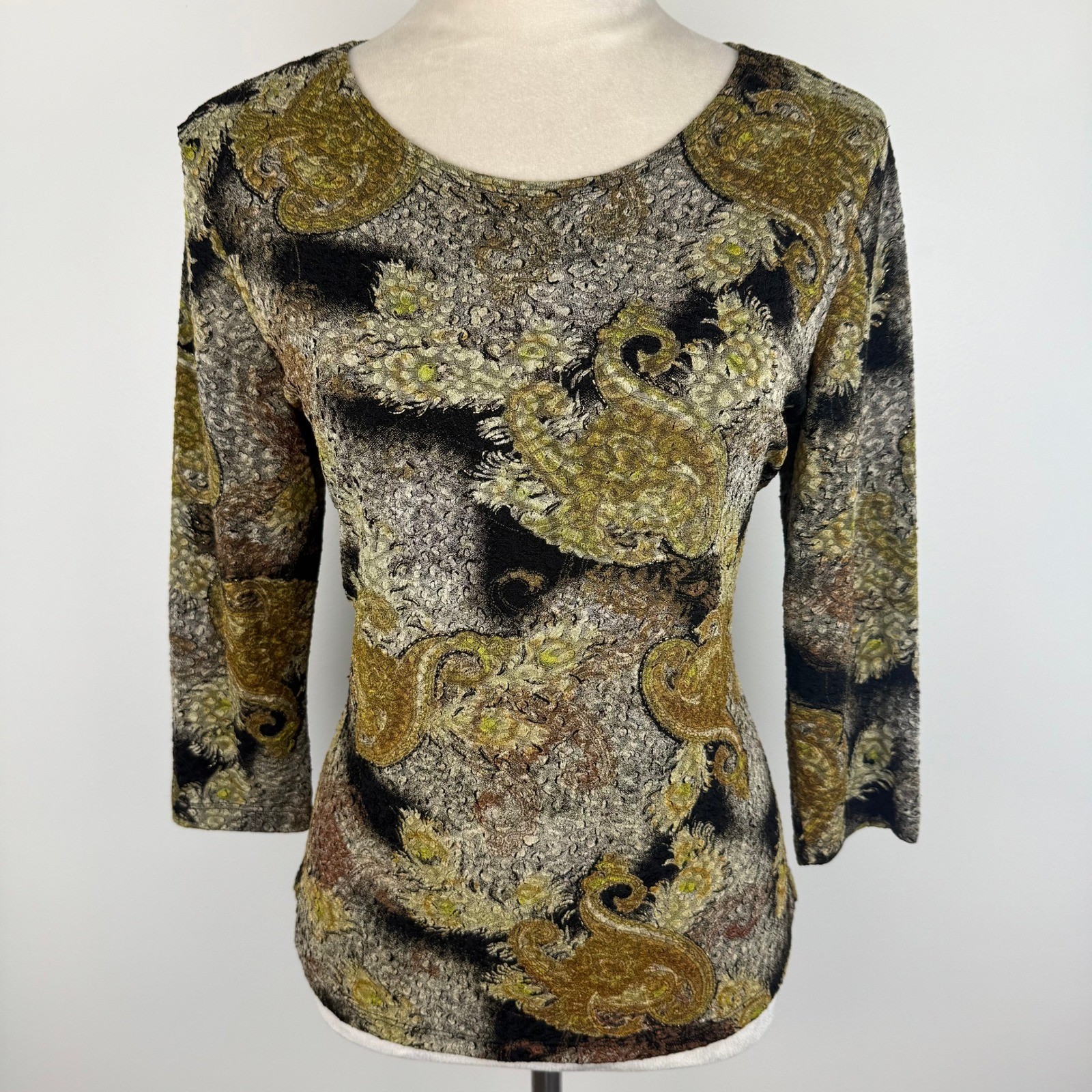 Vintage Y2K Brittany Black Textured Paisley Stretch Top Gold Multi 3/4 Sleeve M