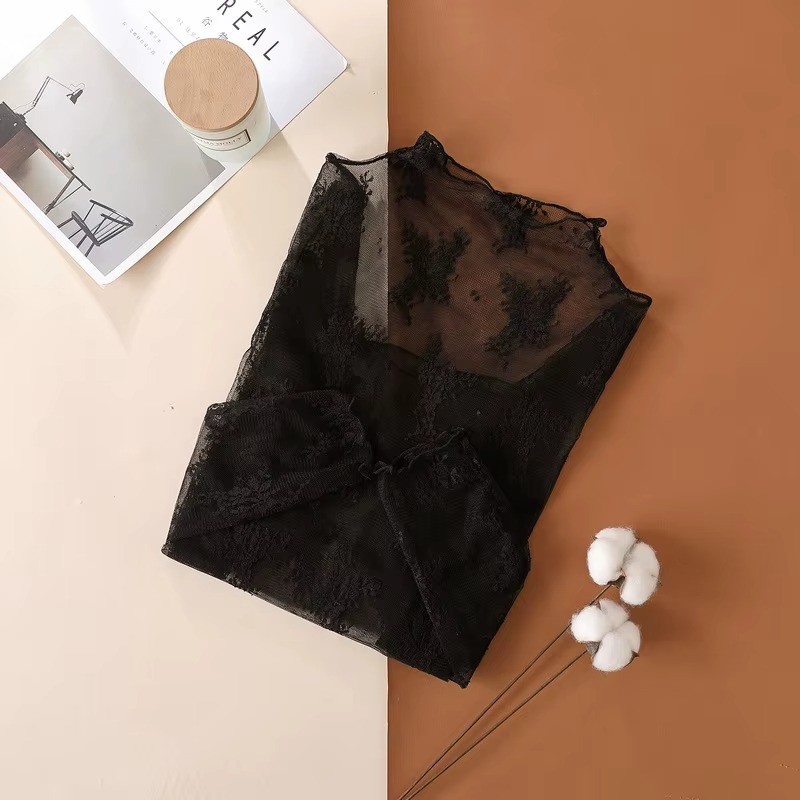 Women Sheer Mesh Lace Top Long Sleeve Sexy Transparent Crop Tee**