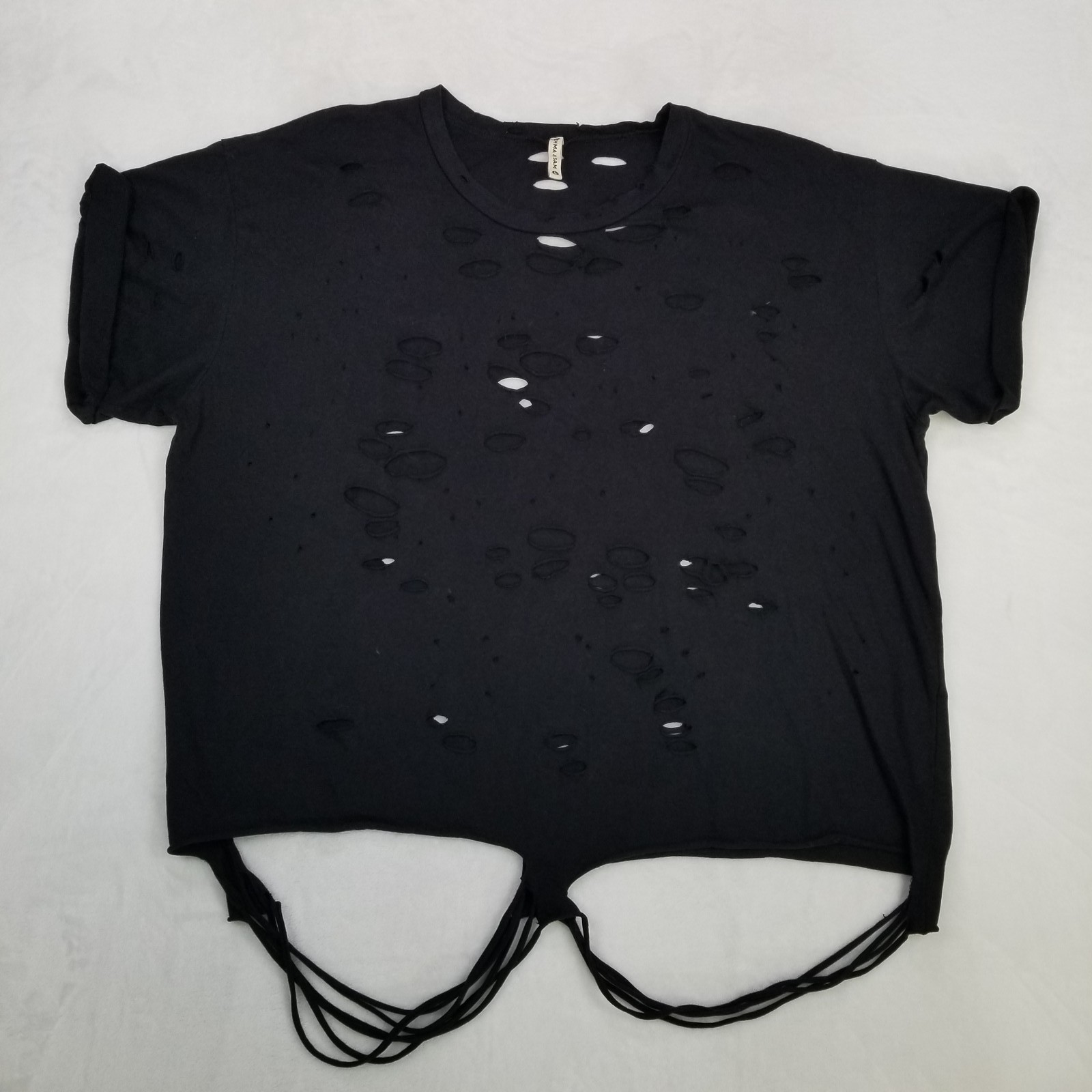 Emma & Sam Black Distressed Cutout Tie Hem T-Shirt Women’s Size L Short Sleeve