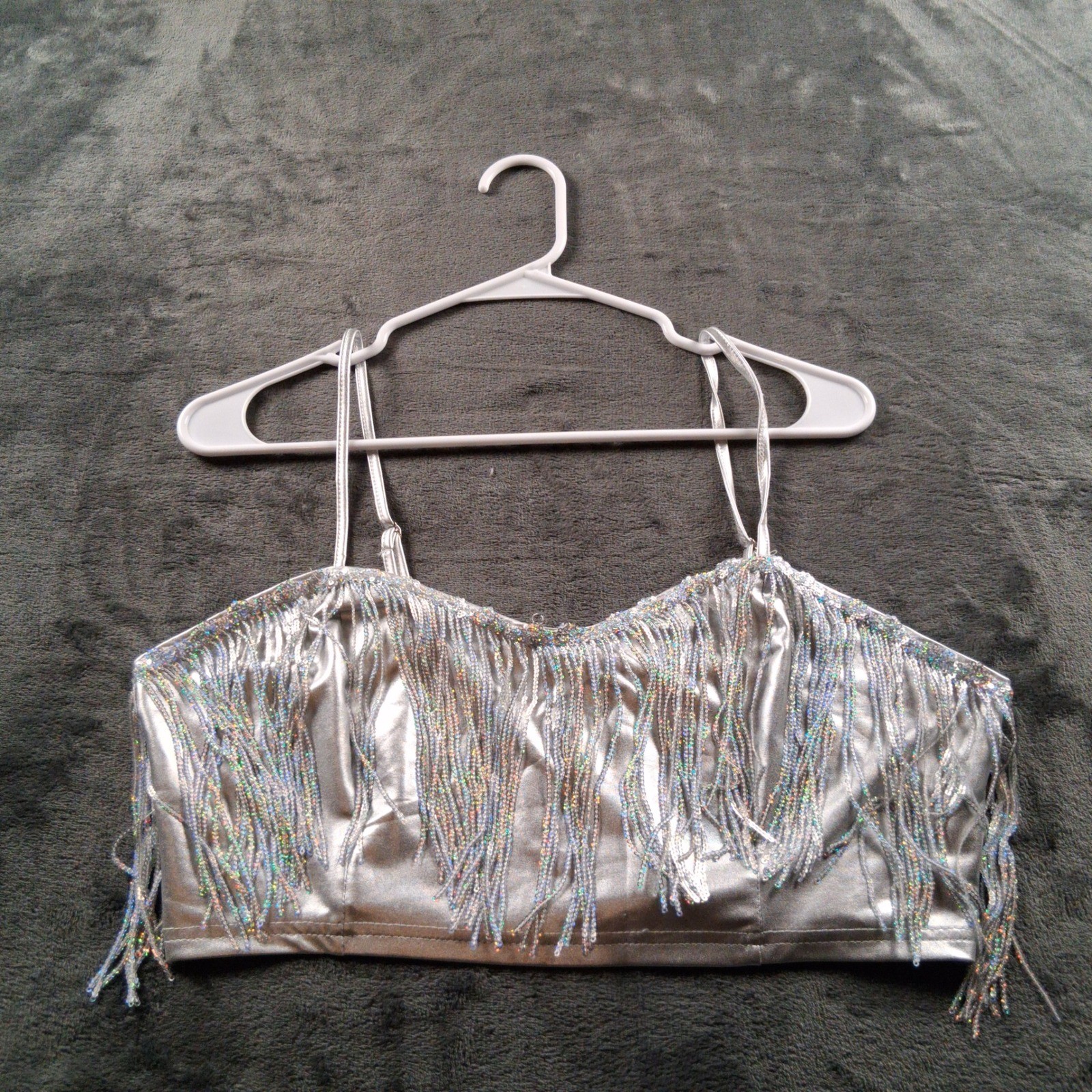 Unbranded Metallic Fringe Crop Top Womens M Silver Beaded Festival Rave Party